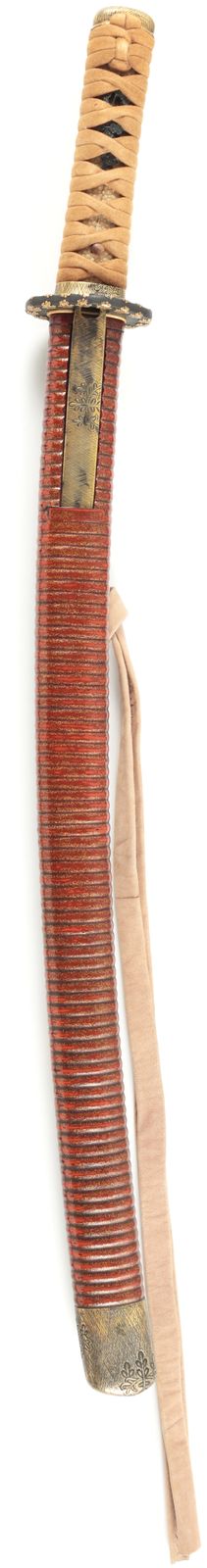Wakizashi Koshirae with "Kiri" Family Crest Designed Fittings, 2-bu kizami Kin nashi-ji nuri saya — 2 of 12