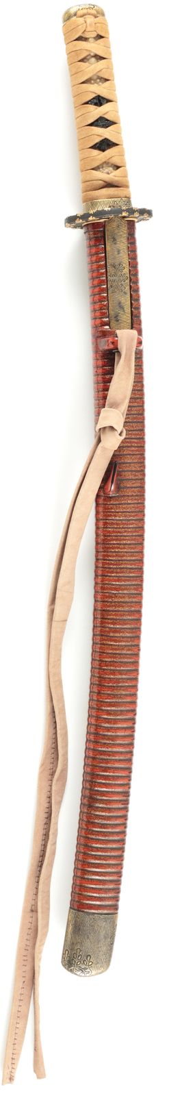 Wakizashi Koshirae with "Kiri" Family Crest Designed Fittings, 2-bu kizami Kin nashi-ji nuri saya — 3 of 12