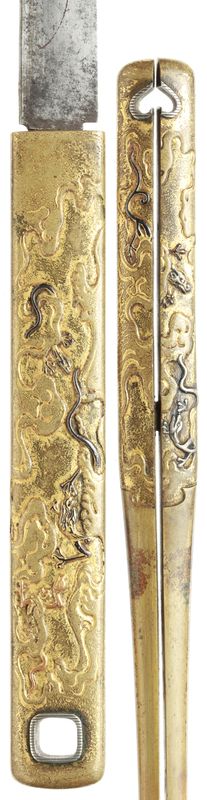 "Reiju" (sacred beasts designed) fittings, Cha ishimeji nuri saya, aikuchi wakizashi koshirae — 5 of 11