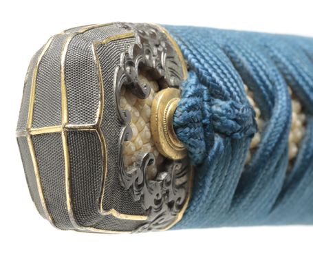 Uchigatana Koshirae with Wave-Patterned Fittings and Black Ishime-ji Saya with Kamon Kage-makie — 2 of 12