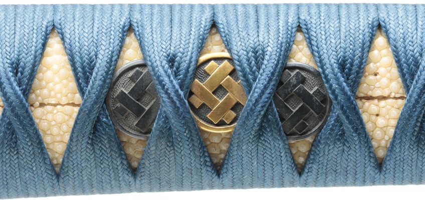 Uchigatana Koshirae with Wave-Patterned Fittings and Black Ishime-ji Saya with Kamon Kage-makie — 10 of 12
