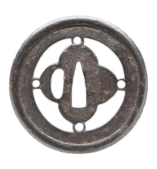 Tsuba: Mokko-gata Shisei-mon Sukashi Tsuba - Mumei Ko-Kachushi — 2 of 2
