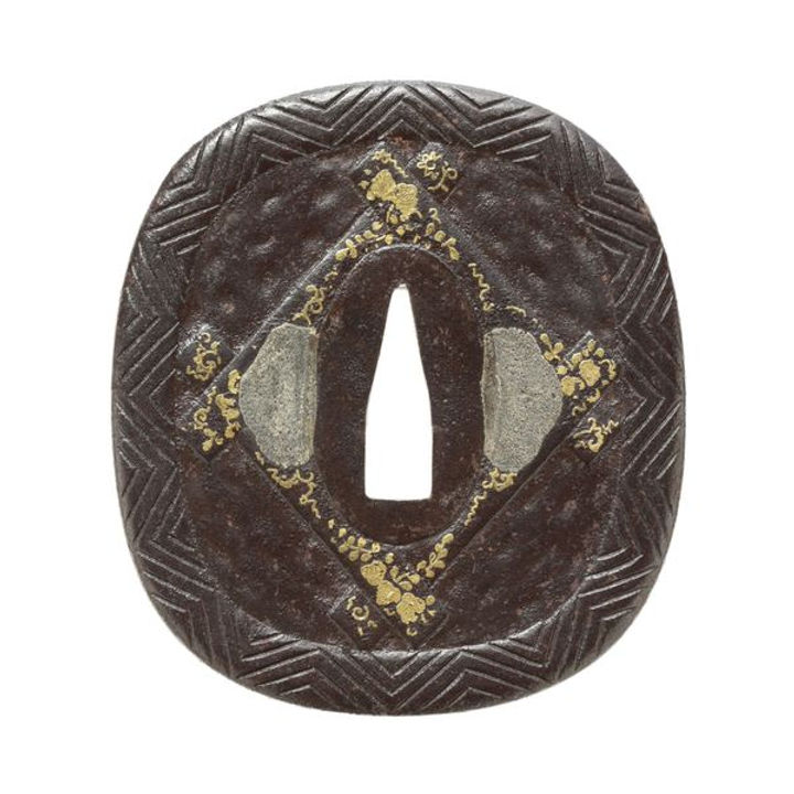 Tsuba: Chrysanthemum and Masu-gata with Paulownia Arabesque Design - Mumei, Edo Higo Koshirae Fittings — 1 of 3