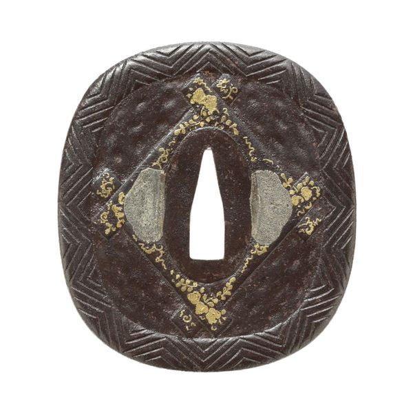 Tsuba: Chrysanthemum and Masu-gata with Paulownia Arabesque Design - Mumei, Edo Higo Koshirae Fittings — 2 of 3