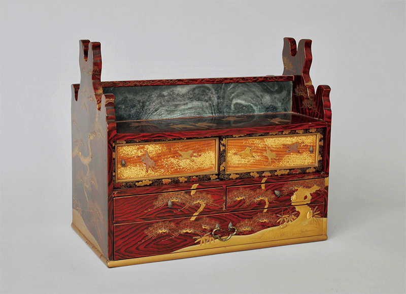 Sword Rack with crane and lucky mountain design, with wood grain lacquer Horaisan design small chest, for three swords — 1 of 6