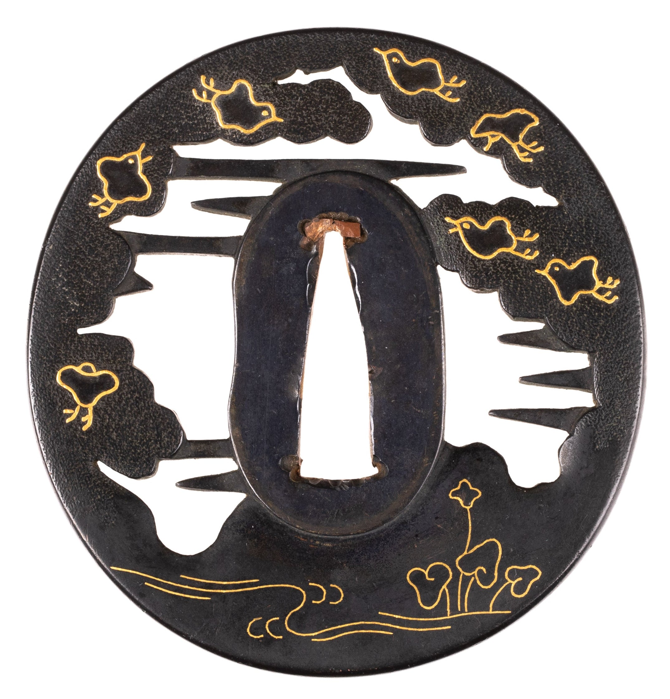 Tsuba: Shakudo Kusakari Kiyosada School Tsuba decorated with plovers — 1 of 4