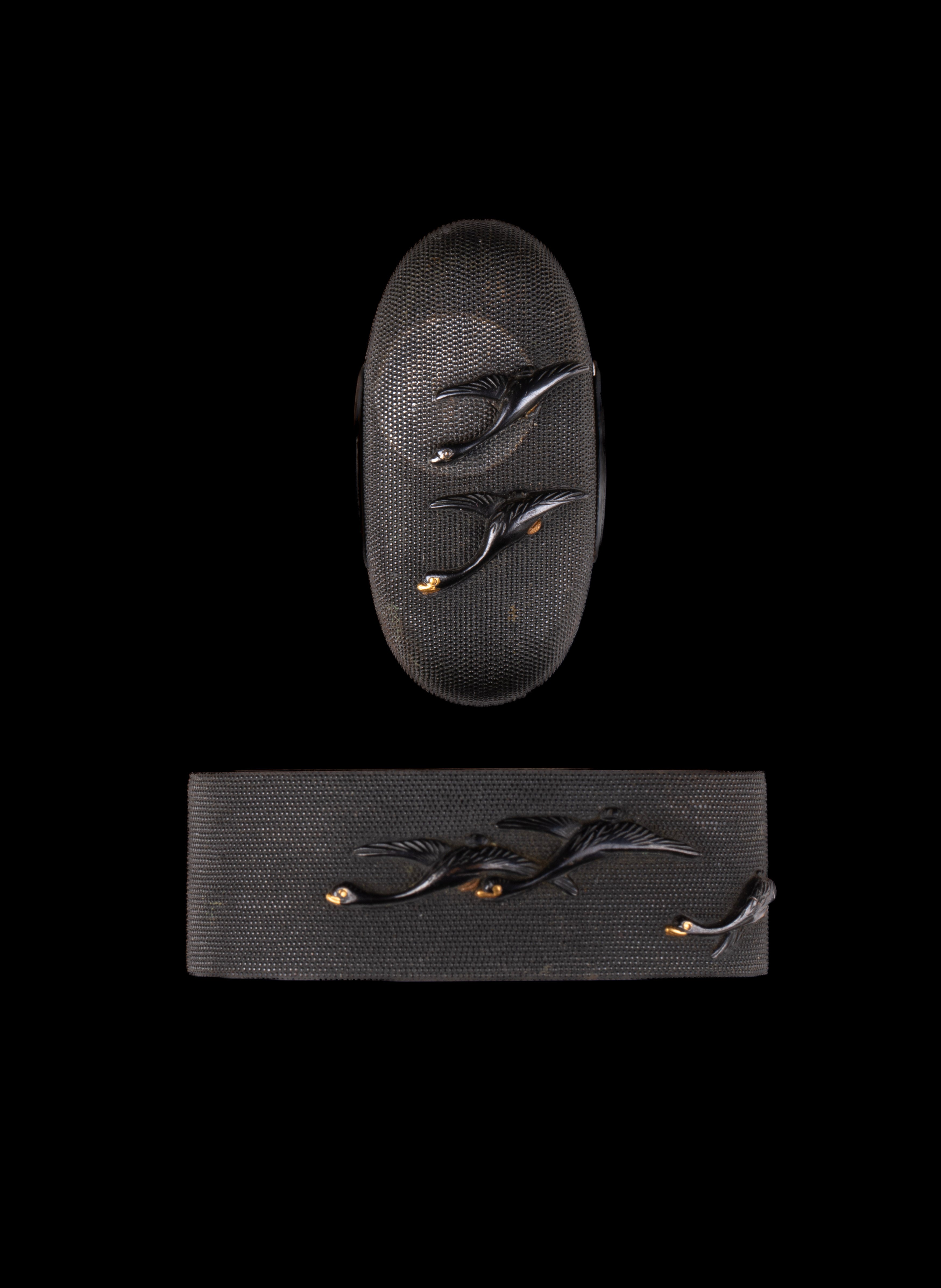 Shakudo Nanako Fuchi Kashira signed Yabu Tsuneyuki with Tokubetsu Hozon Tosogu - Geese and Moon — 3 of 13