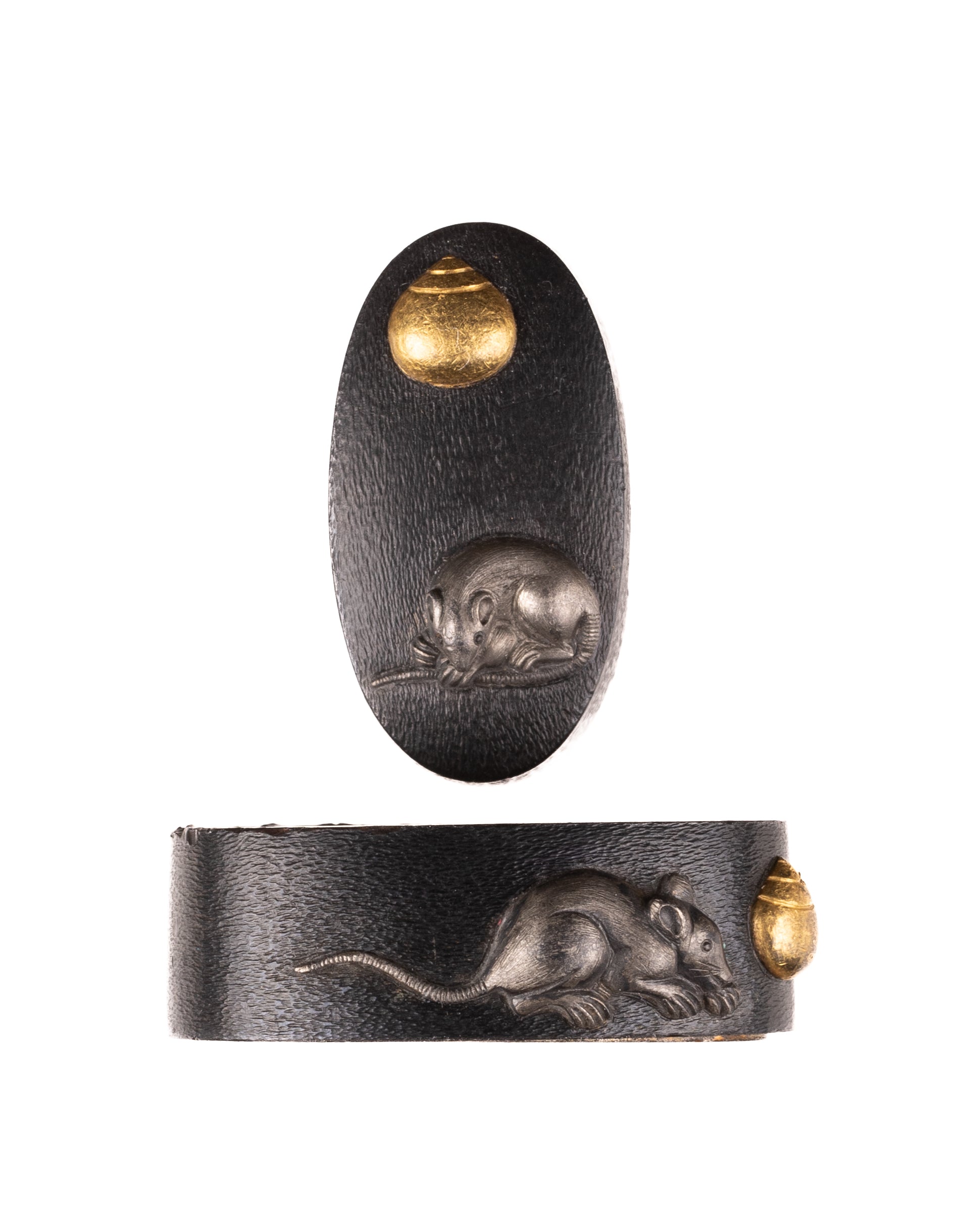 Shakudo Fuchi-Kashira decorated with Mouse/Rat and Hoju, a Sacred Jewel — 1 of 11
