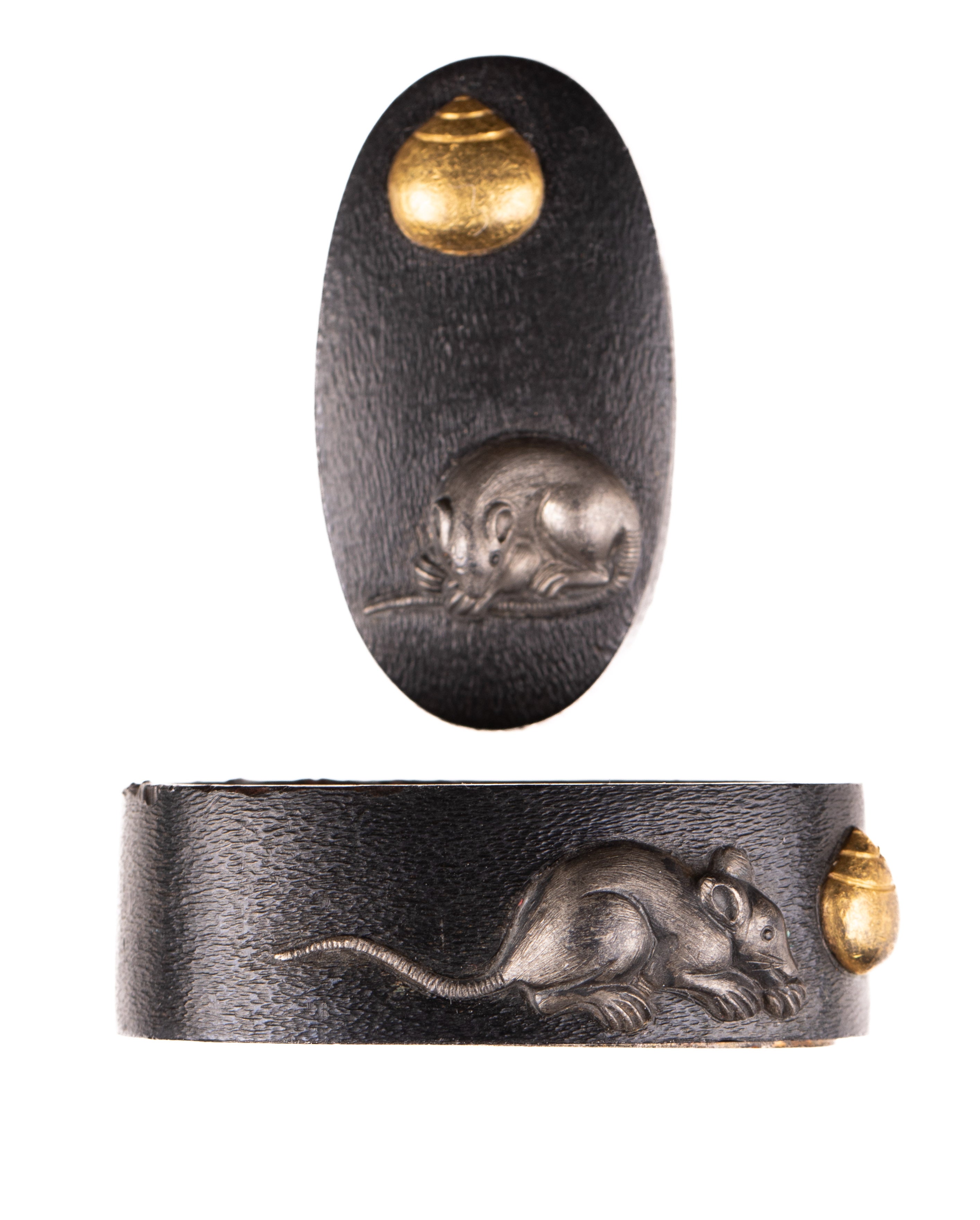 Shakudo Fuchi-Kashira decorated with Mouse/Rat and Hoju, a Sacred Jewel — 2 of 11