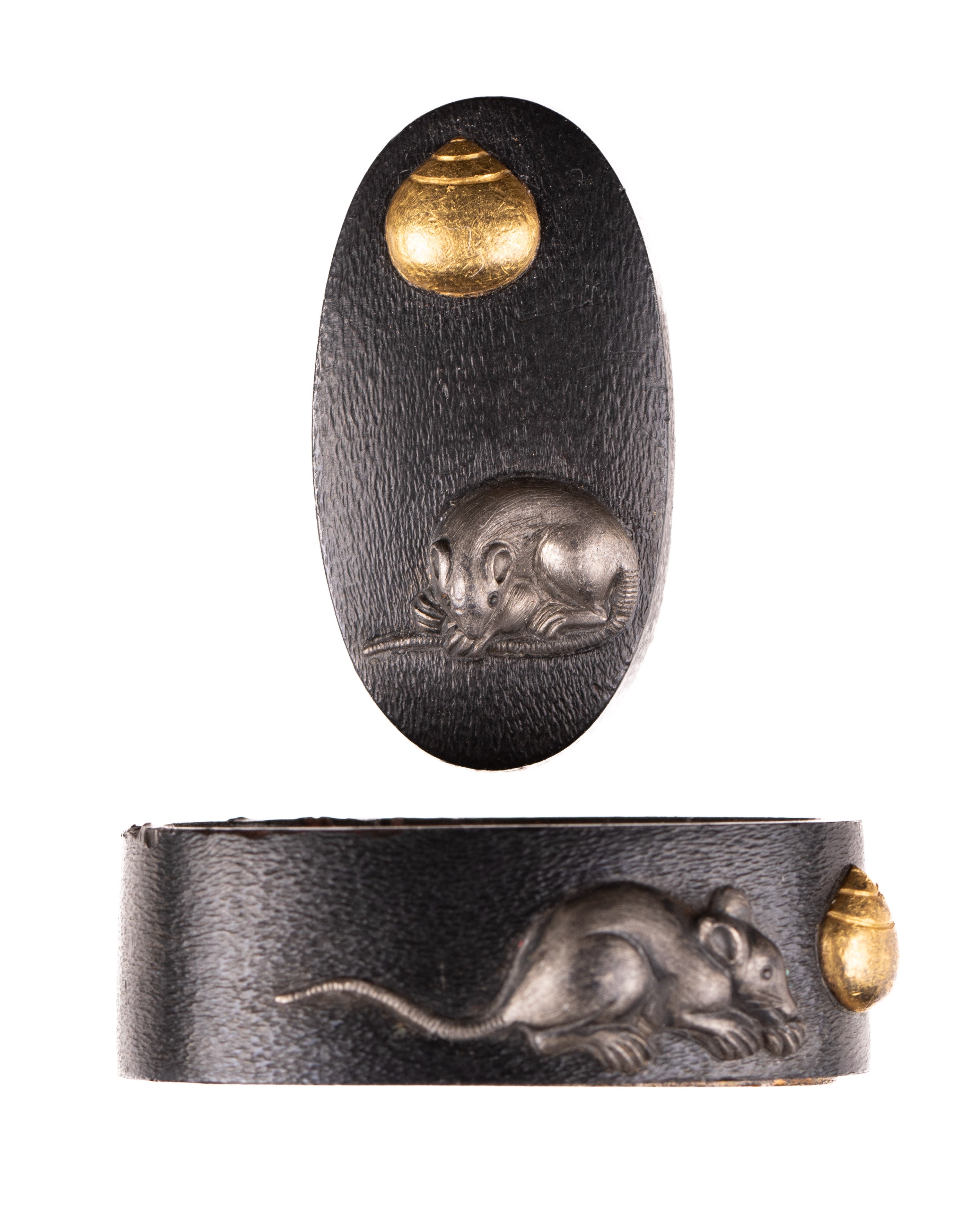 Shakudo Fuchi-Kashira decorated with Mouse/Rat and Hoju, a Sacred Jewel — 3 of 11