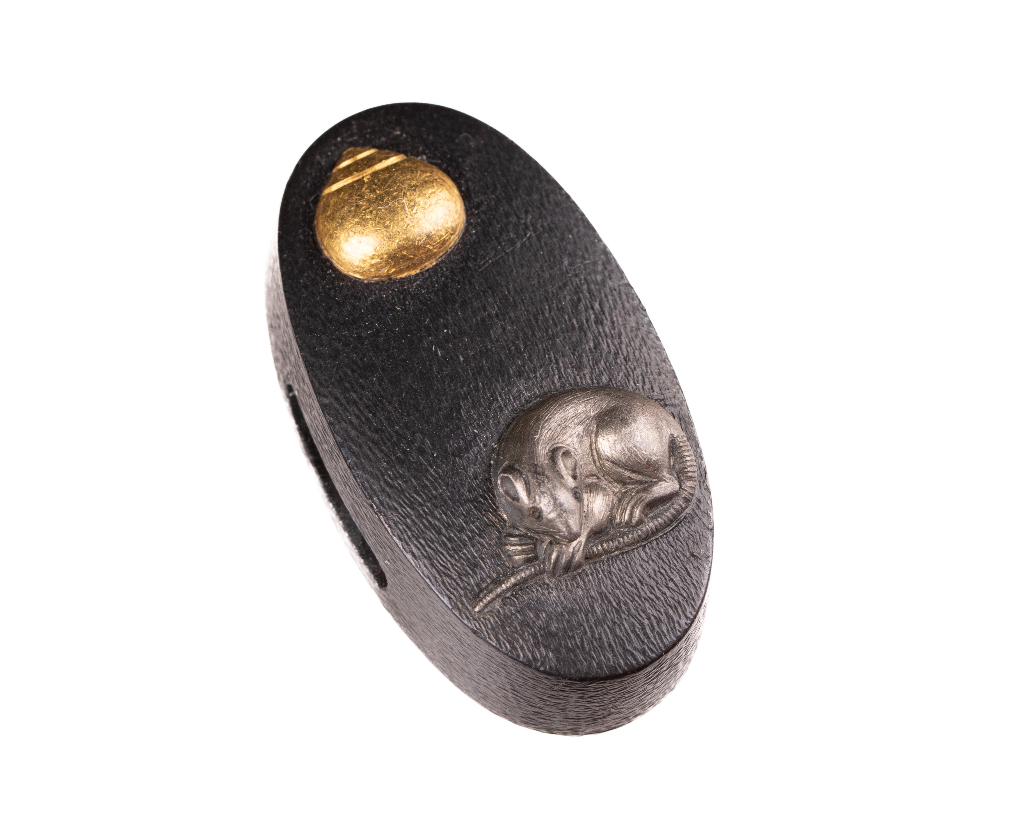 Shakudo Fuchi-Kashira decorated with Mouse/Rat and Hoju, a Sacred Jewel — 4 of 11