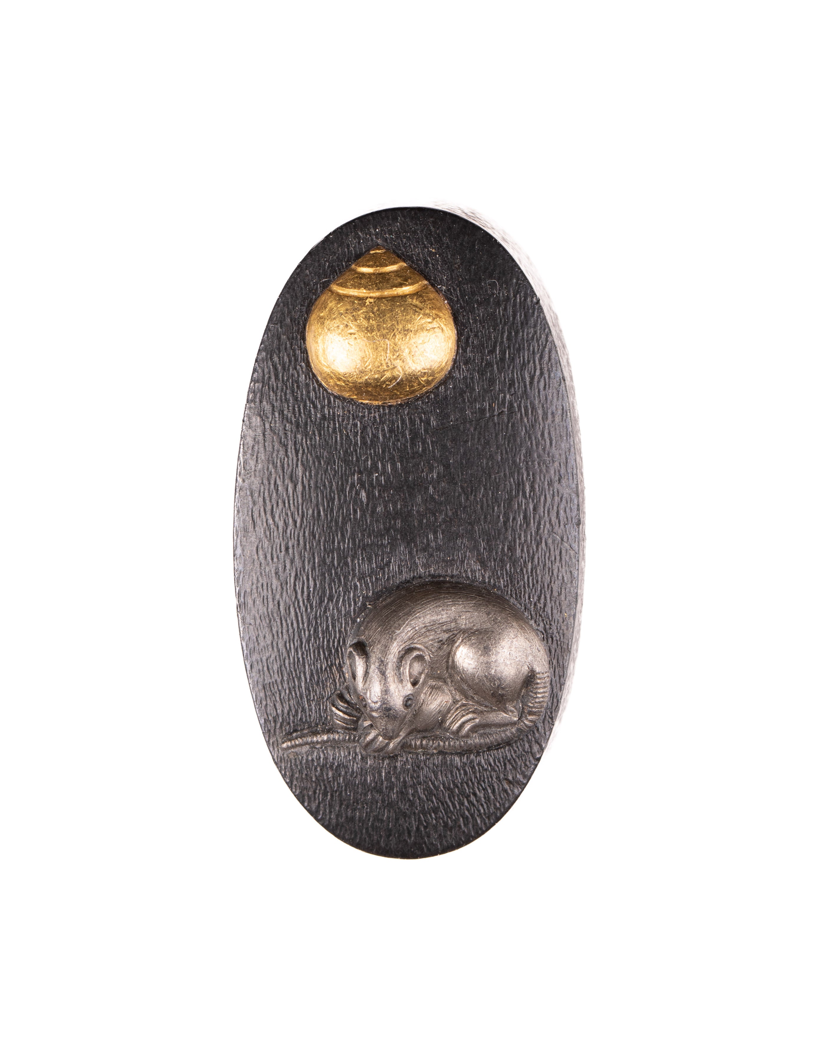 Shakudo Fuchi-Kashira decorated with Mouse/Rat and Hoju, a Sacred Jewel — 5 of 11