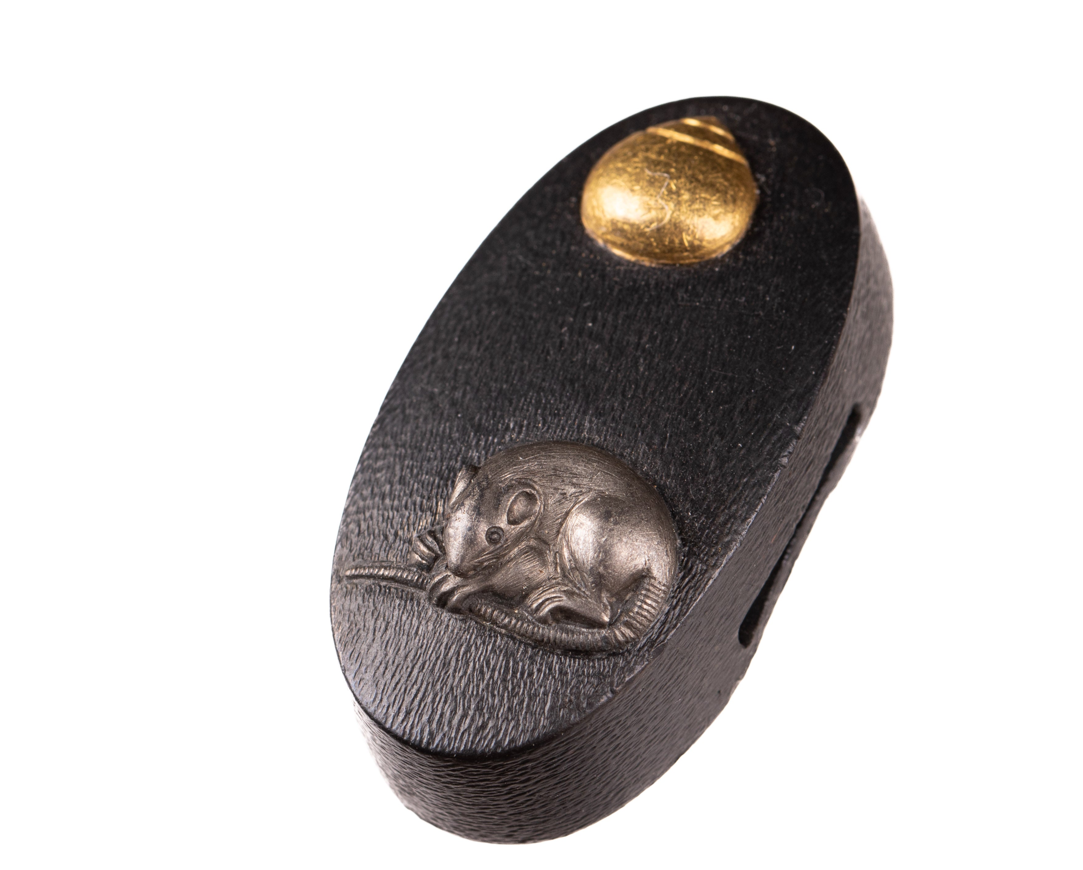 Shakudo Fuchi-Kashira decorated with Mouse/Rat and Hoju, a Sacred Jewel — 6 of 11