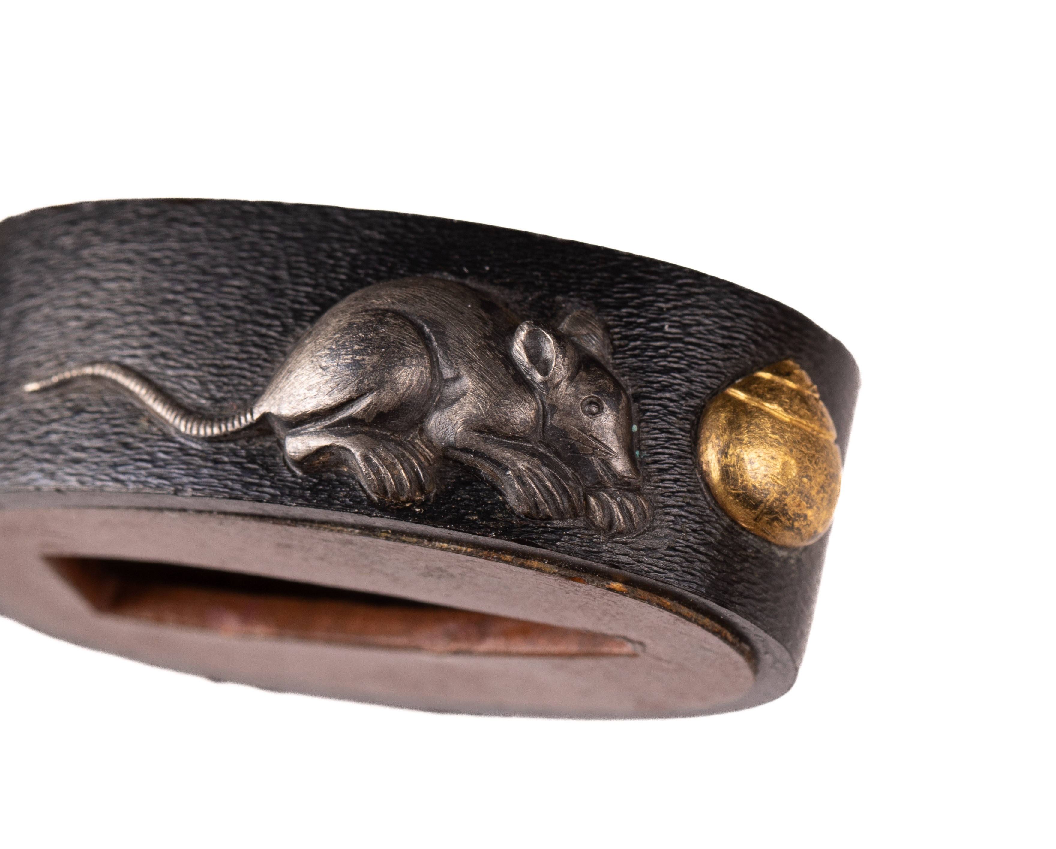 Shakudo Fuchi-Kashira decorated with Mouse/Rat and Hoju, a Sacred Jewel — 8 of 11