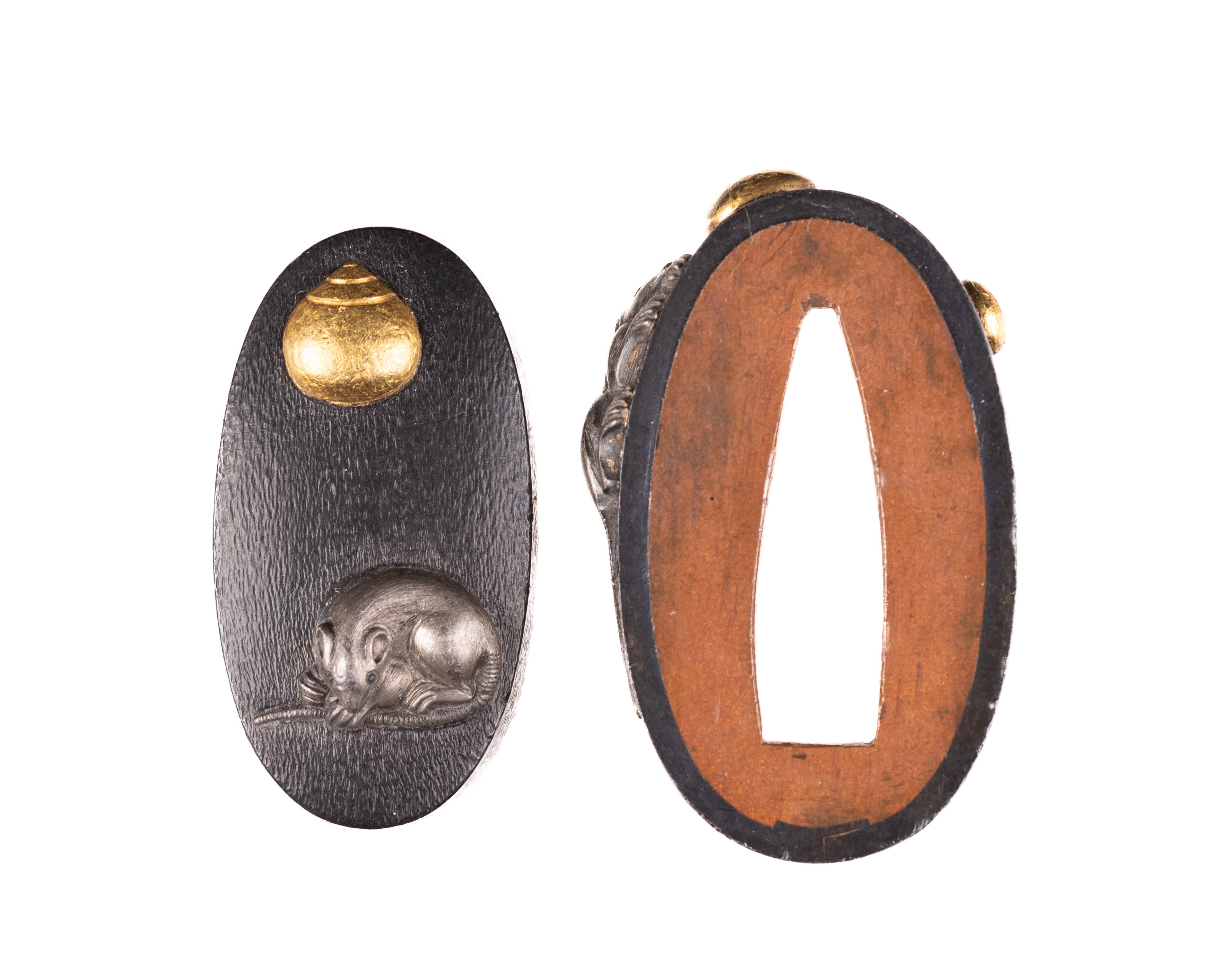 Shakudo Fuchi-Kashira decorated with Mouse/Rat and Hoju, a Sacred Jewel — 11 of 11
