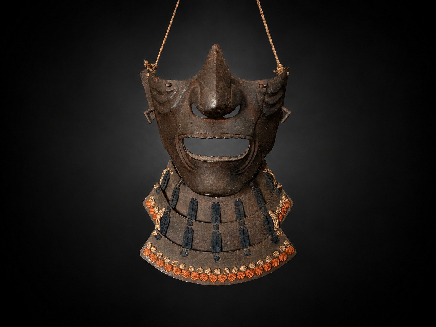 Edo Period Iron Mempō with Three-Lame Yodare-kake – Russet Lacquer — 1 of 8