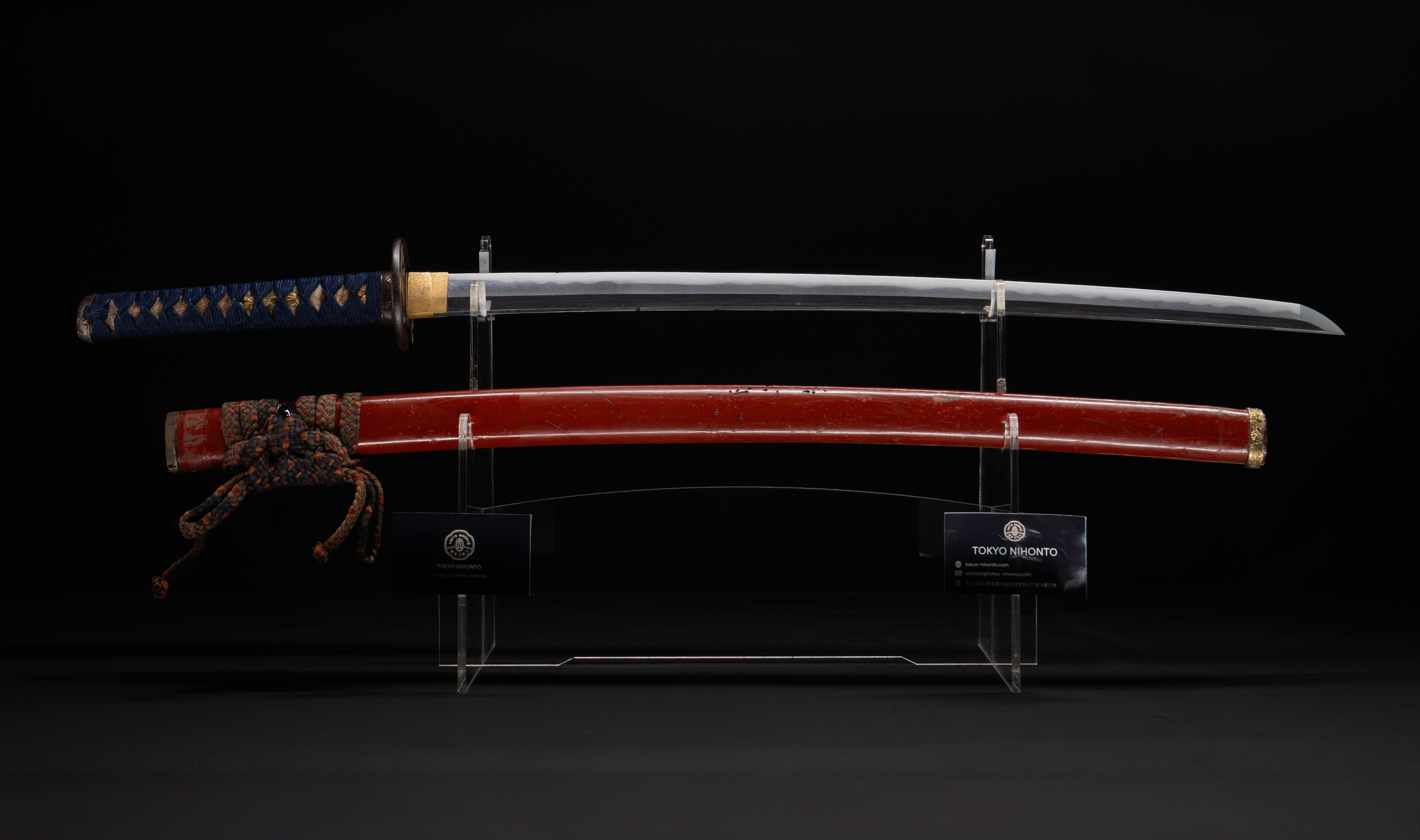 Antique Japanese Katana: Vermilion Lacquer Saya, Sparrow Fuchi-Kashira — 2 of 46