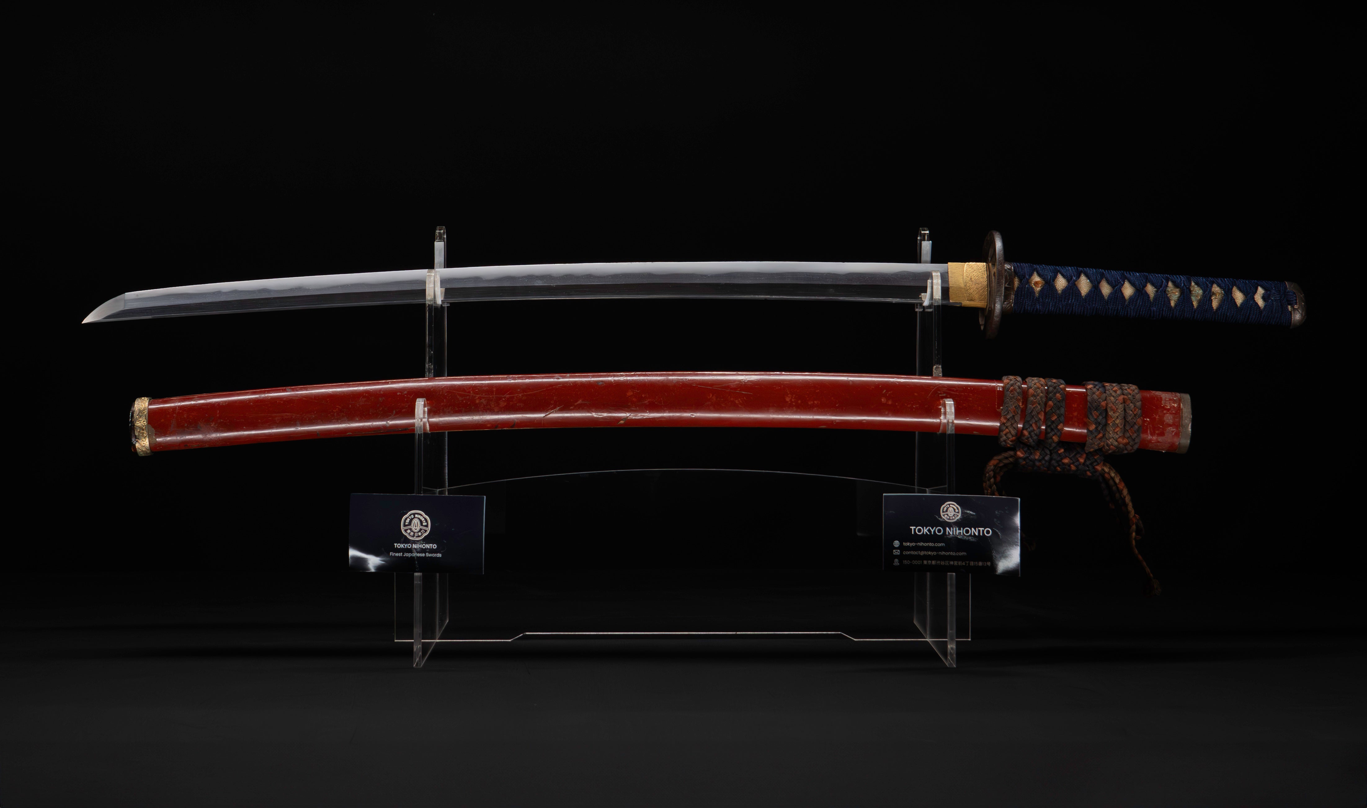 Antique Japanese Katana: Vermilion Lacquer Saya, Sparrow Fuchi-Kashira — 3 of 46