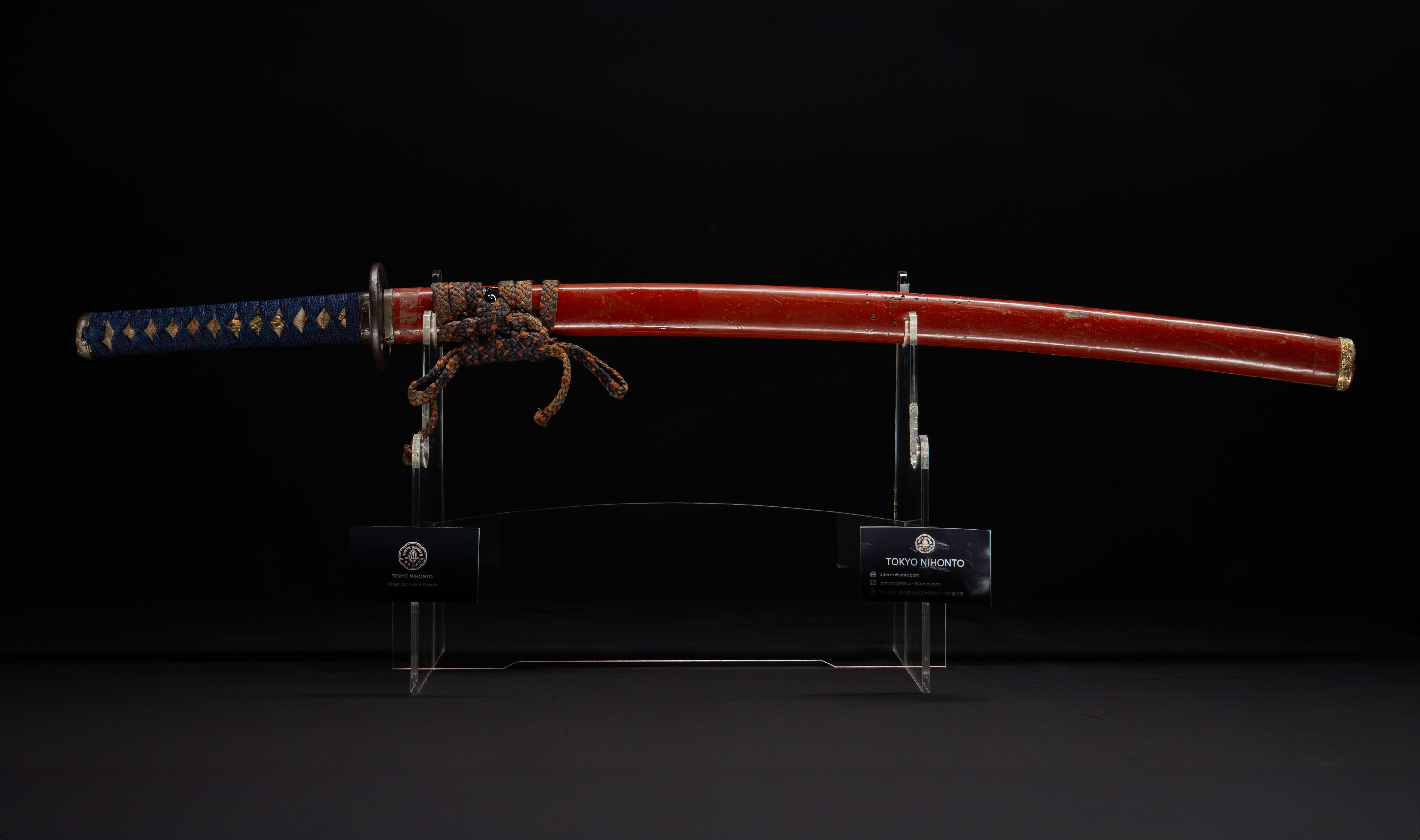 Antique Japanese Katana: Vermilion Lacquer Saya, Sparrow Fuchi-Kashira — 4 of 46