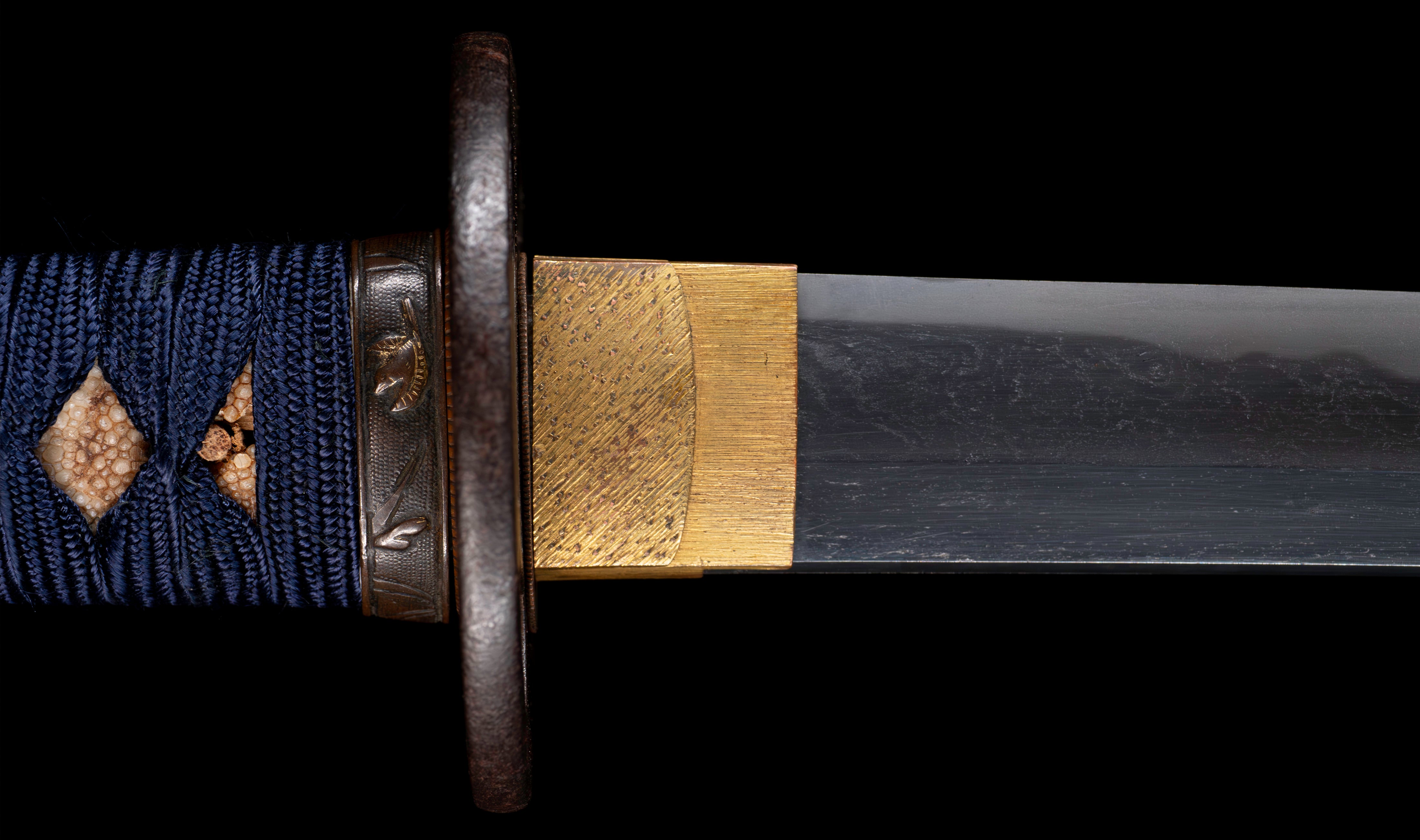 Antique Japanese Katana: Vermilion Lacquer Saya, Sparrow Fuchi-Kashira — 24 of 46