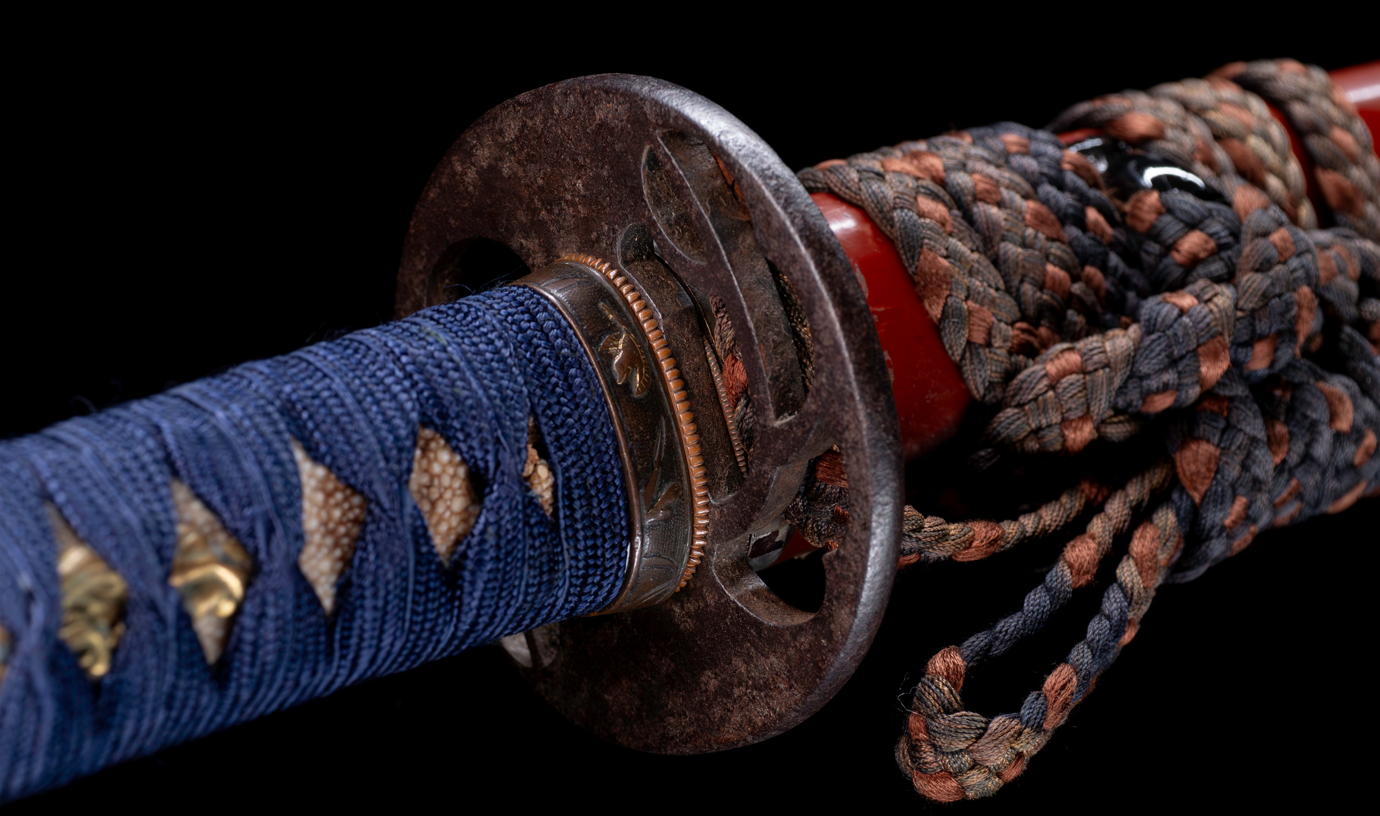 Antique Japanese Katana: Vermilion Lacquer Saya, Sparrow Fuchi-Kashira — 26 of 46