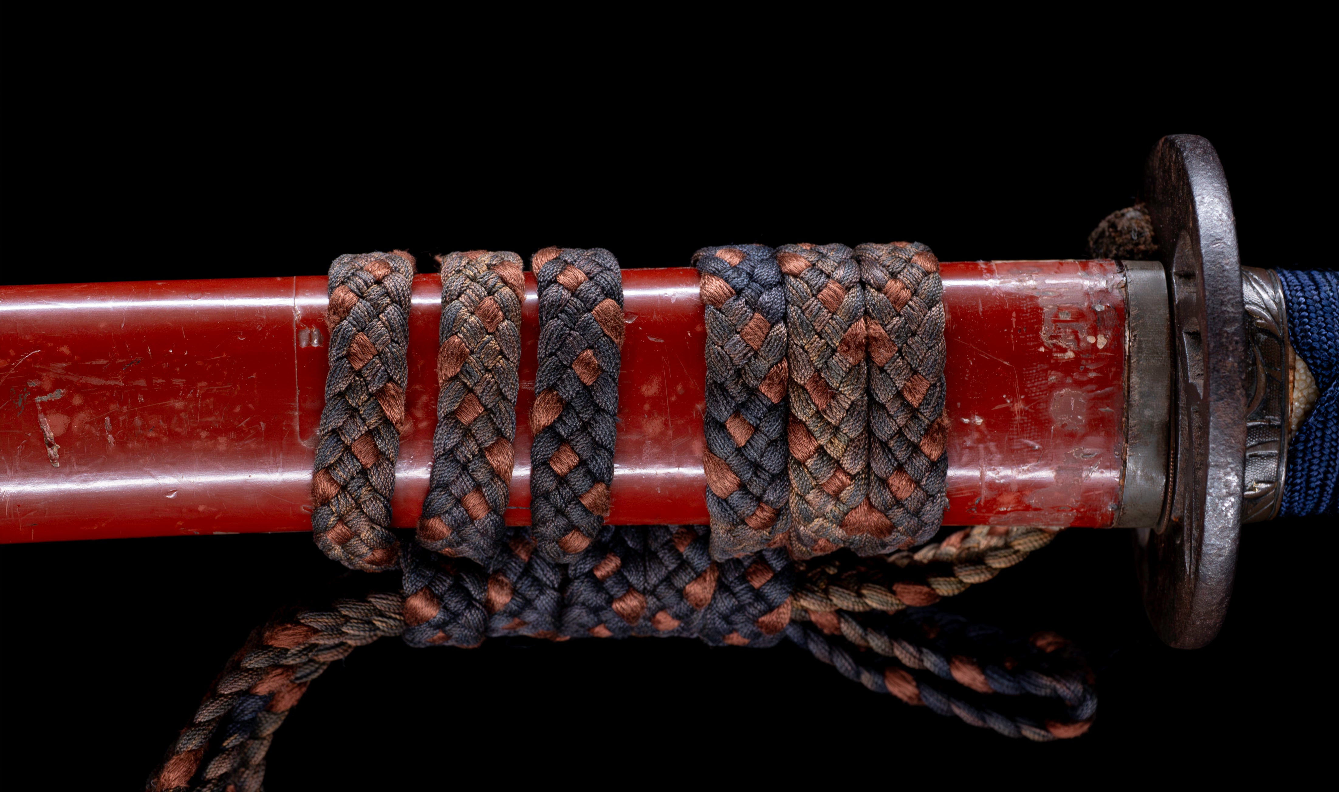 Antique Japanese Katana: Vermilion Lacquer Saya, Sparrow Fuchi-Kashira — 30 of 46