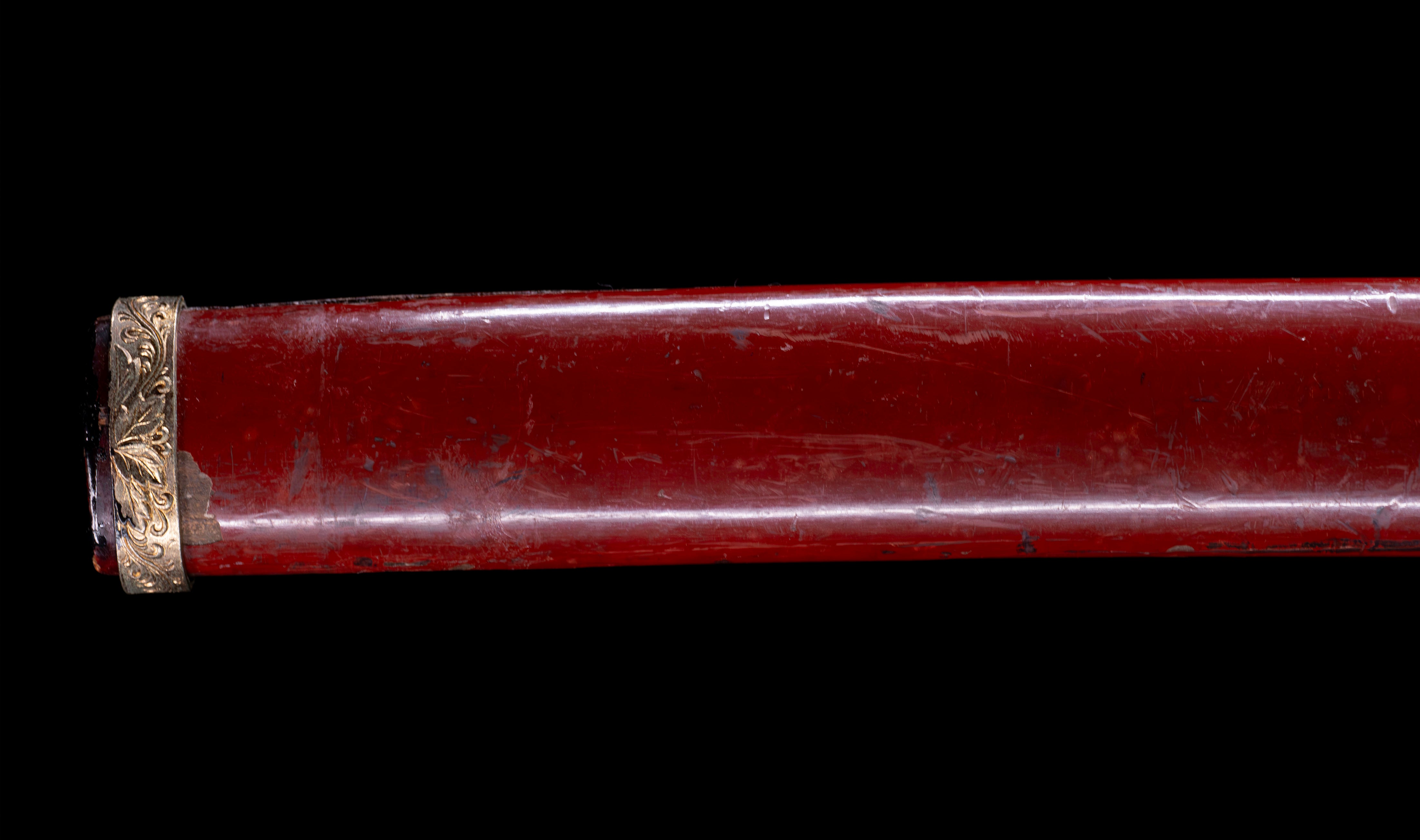 Antique Japanese Katana: Vermilion Lacquer Saya, Sparrow Fuchi-Kashira — 31 of 46