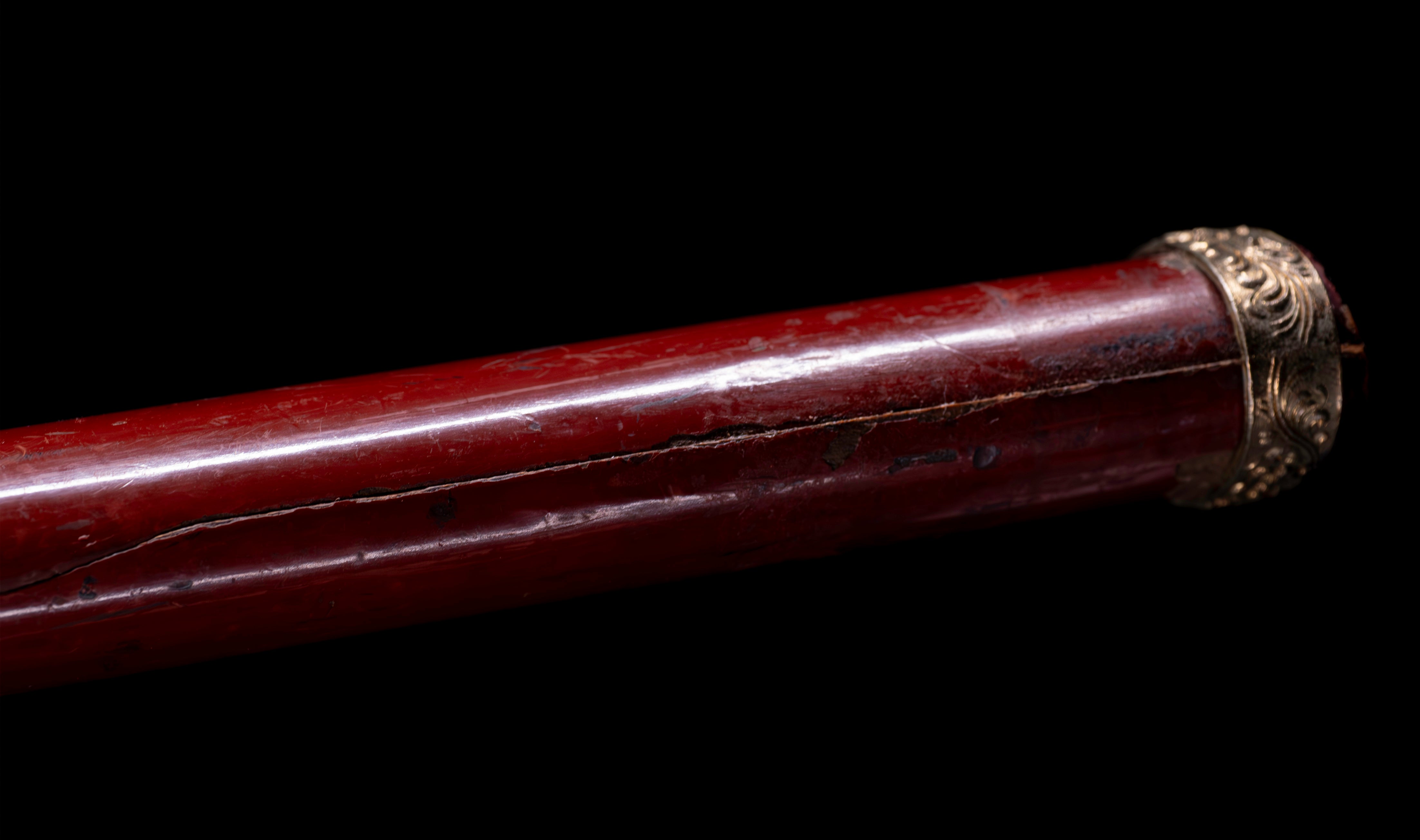 Antique Japanese Katana: Vermilion Lacquer Saya, Sparrow Fuchi-Kashira — 32 of 46