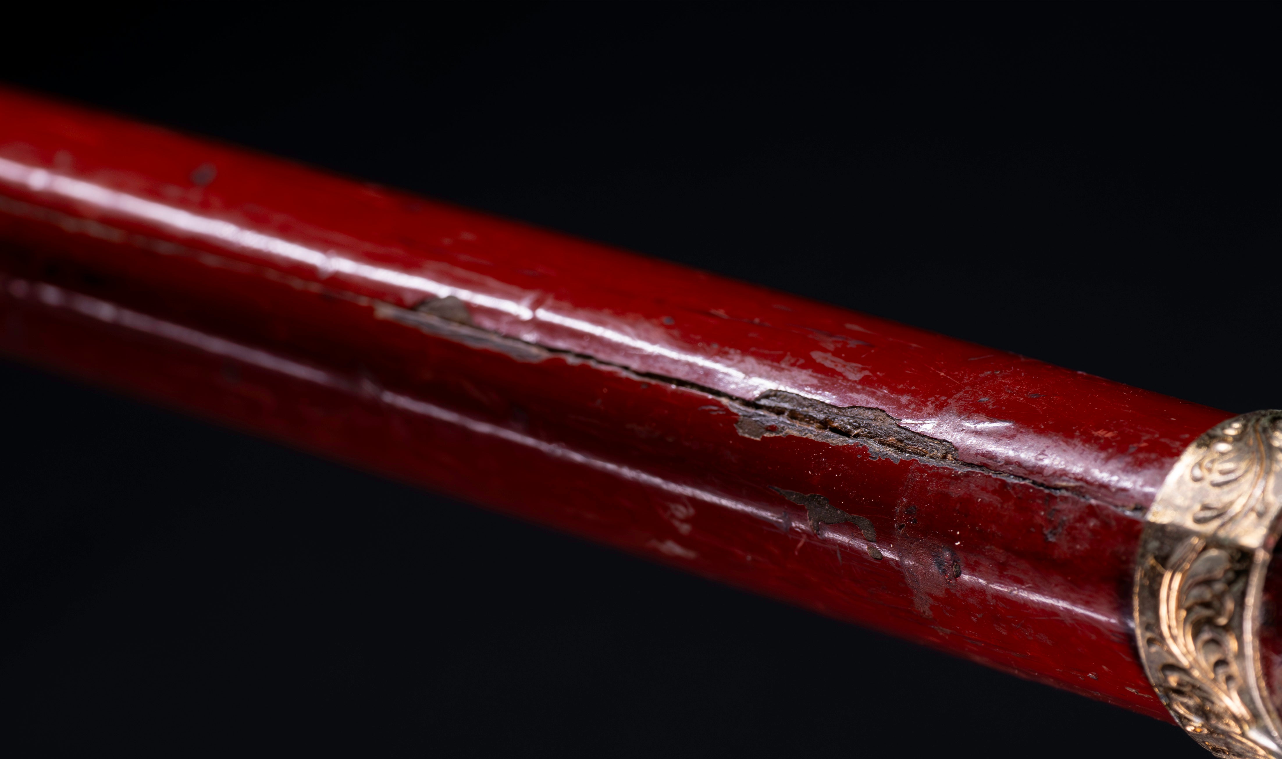 Antique Japanese Katana: Vermilion Lacquer Saya, Sparrow Fuchi-Kashira — 41 of 46
