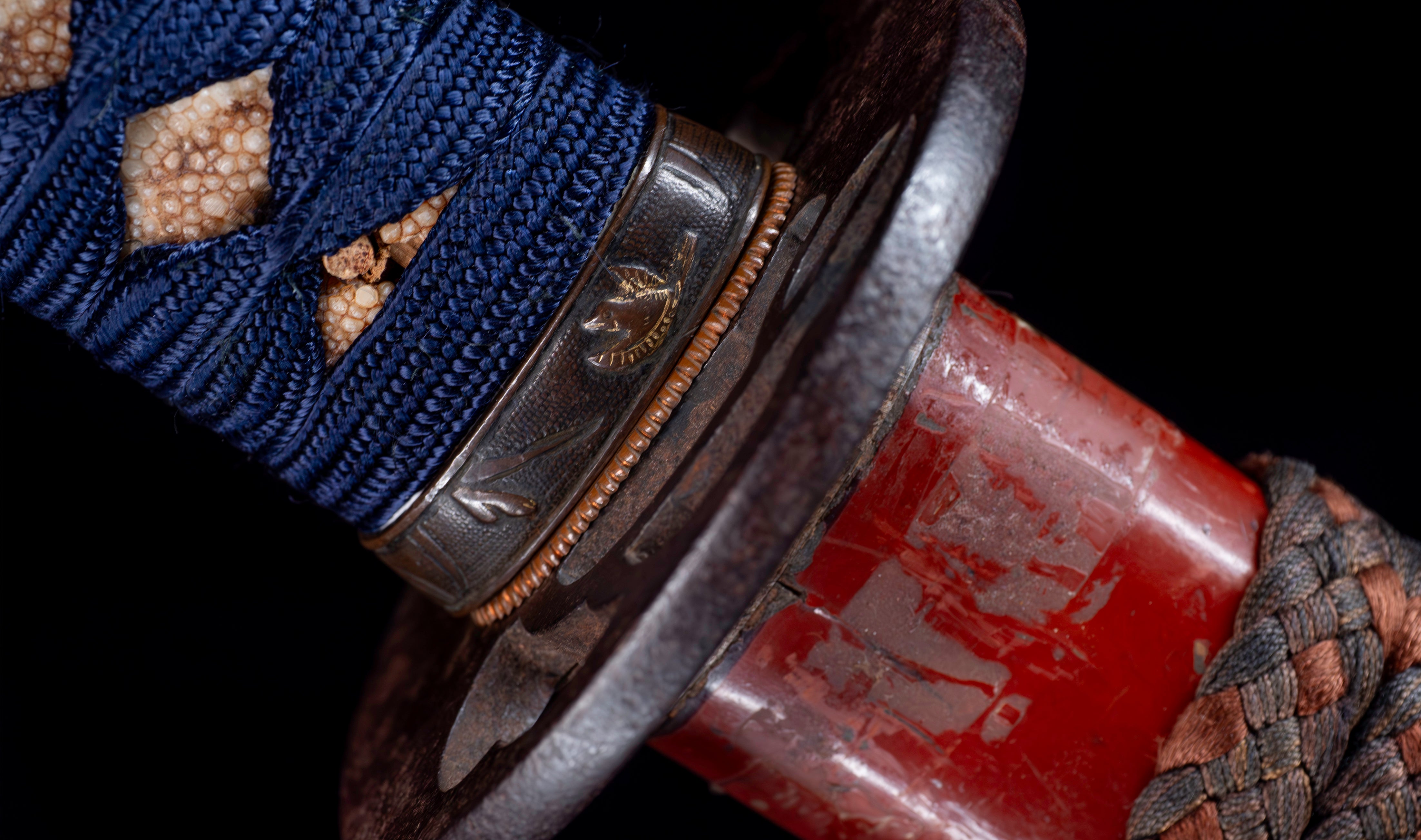 Antique Japanese Katana: Vermilion Lacquer Saya, Sparrow Fuchi-Kashira — 45 of 46