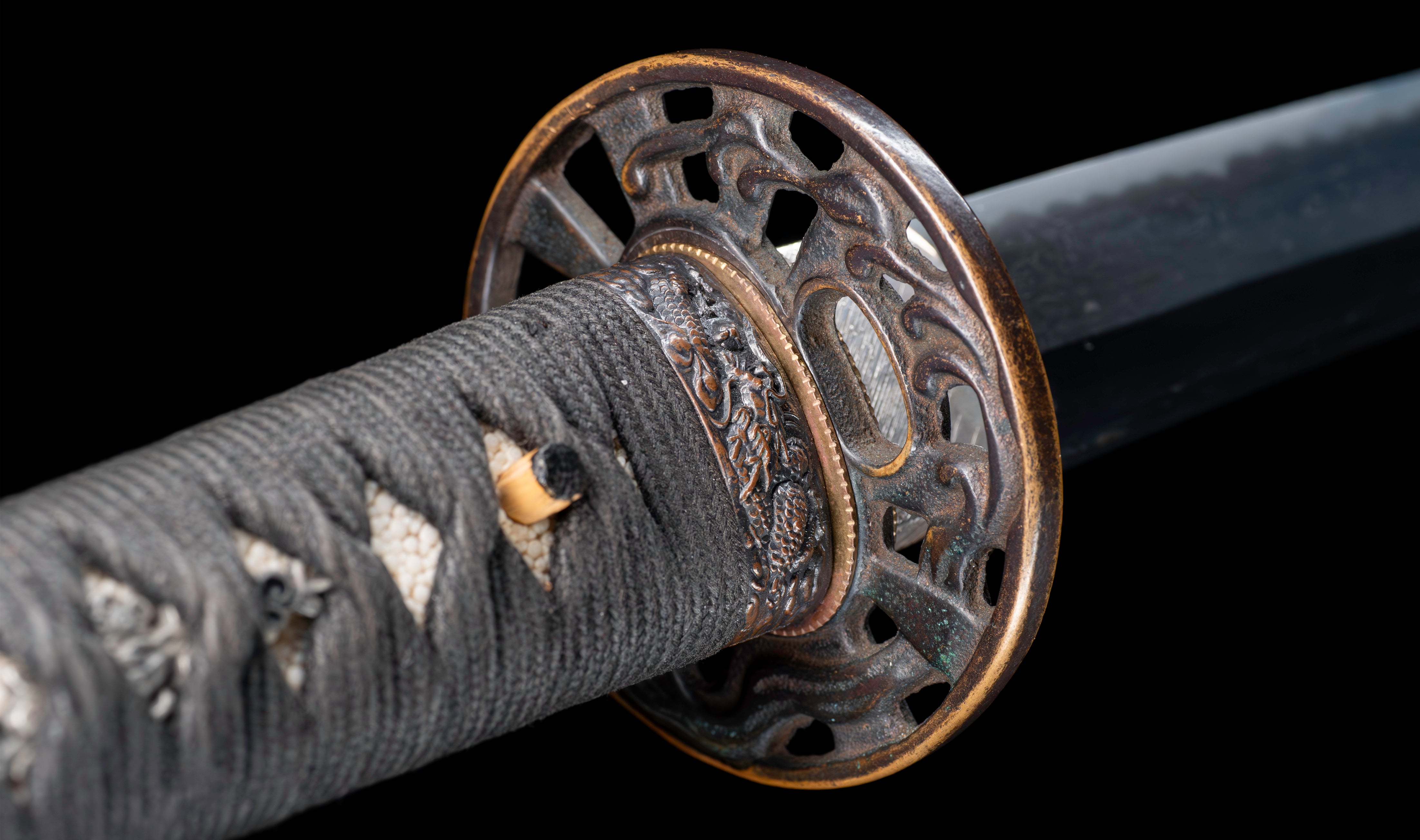 Antique Japanese Katana: Ubu Nakago, Hoso-Suguha, Genji Wheel Tsuba — 24 of 39