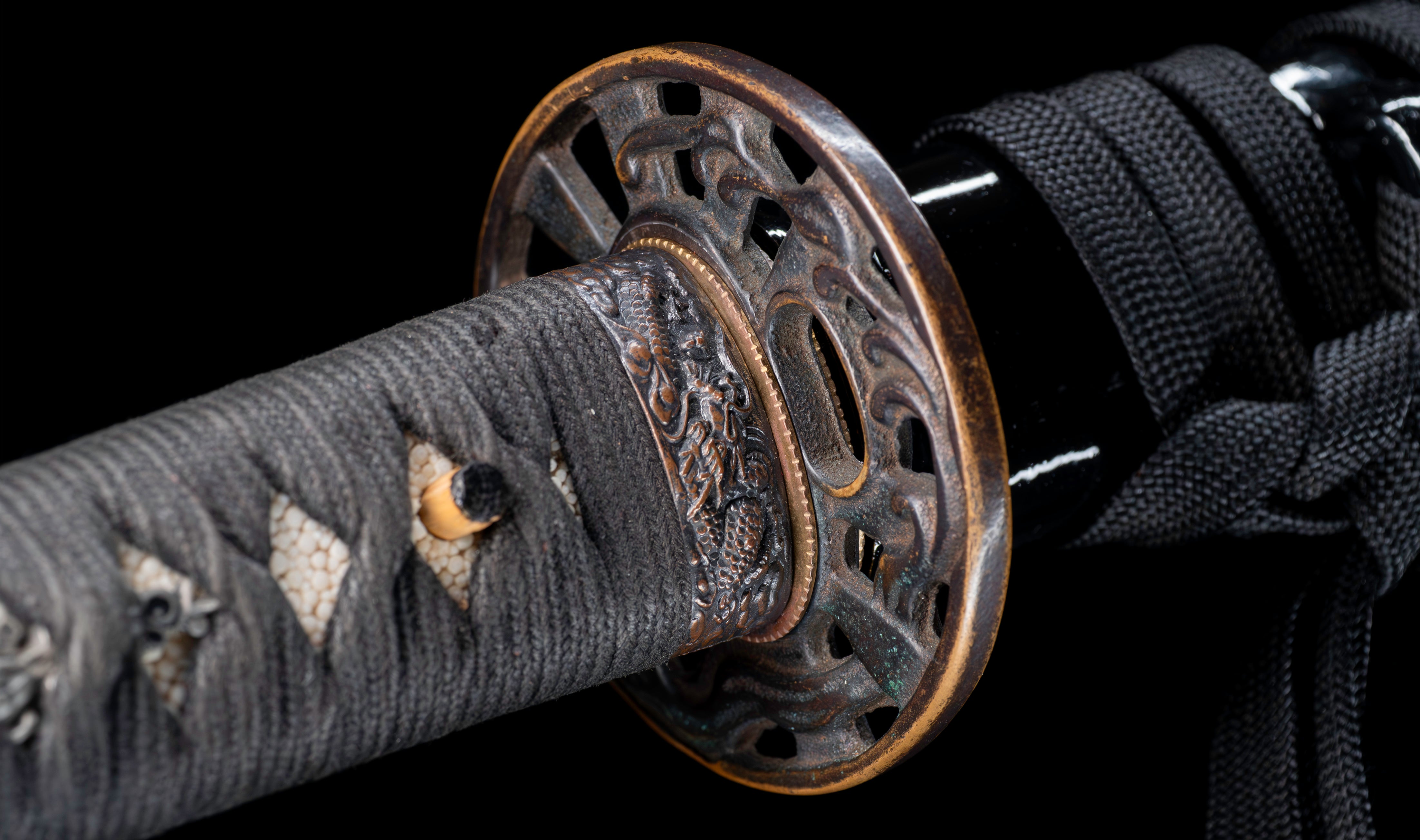 Antique Japanese Katana: Ubu Nakago, Hoso-Suguha, Genji Wheel Tsuba — 25 of 39