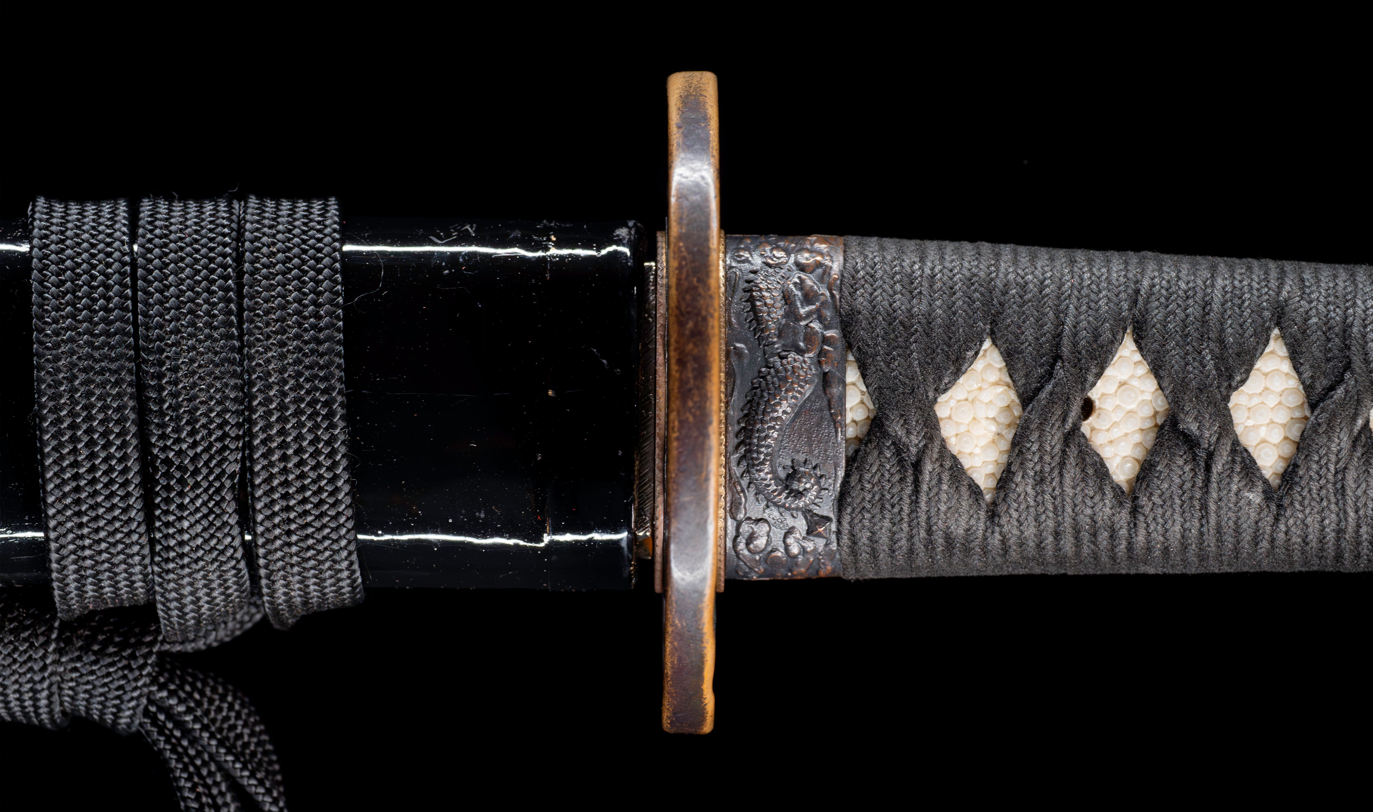 Antique Japanese Katana: Ubu Nakago, Hoso-Suguha, Genji Wheel Tsuba — 30 of 39