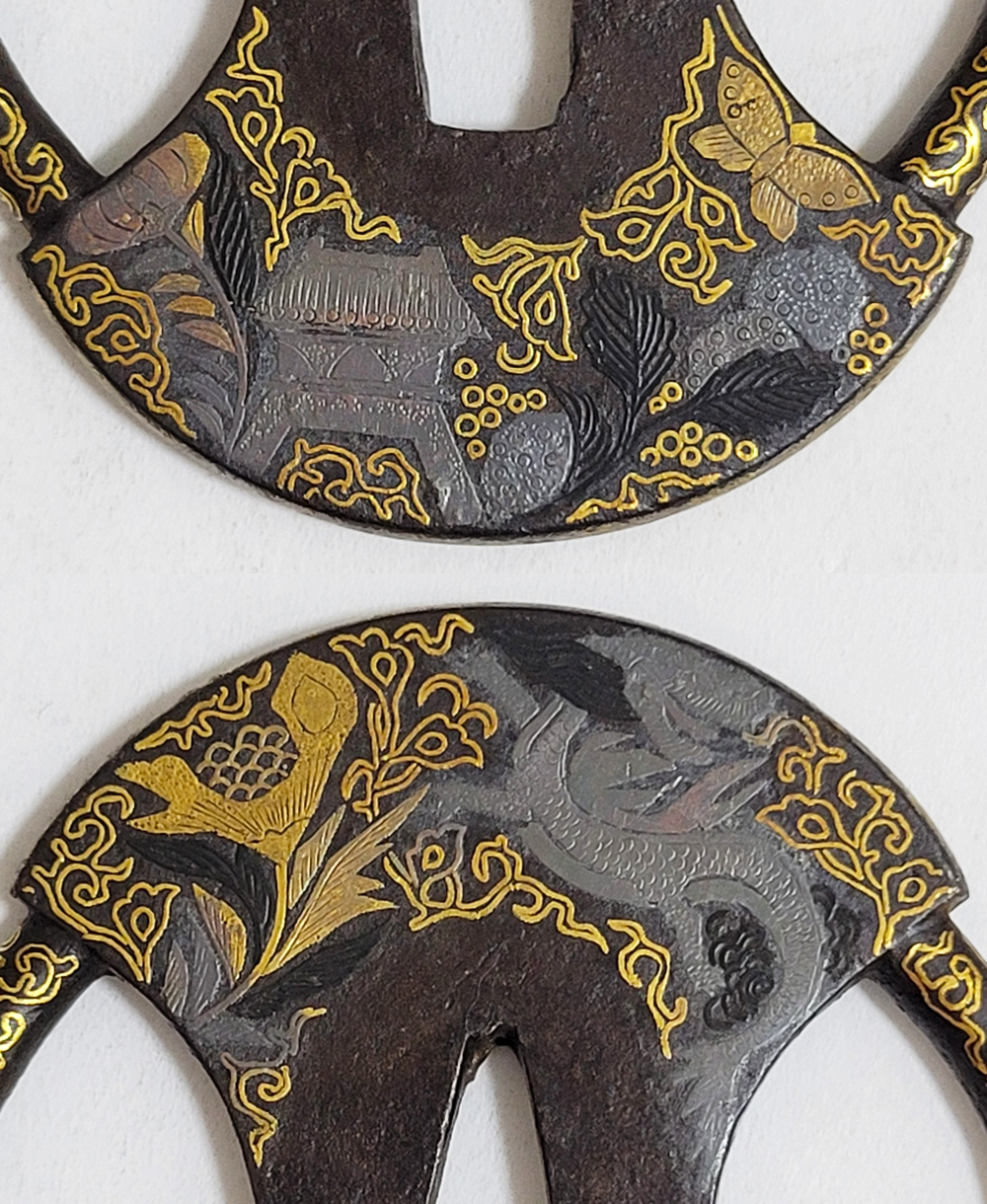 Tsuba: Mythical Beasts Design, Iron Fundo-gata, Gold and Silver Nunome-Zogan — 15 of 17