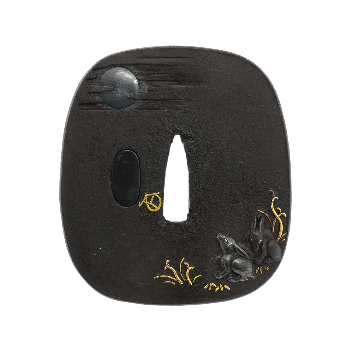 Tsuba with Moon and Two Rabbits Design, Mumei (Gold-inlaid Kao) — 2 of 12