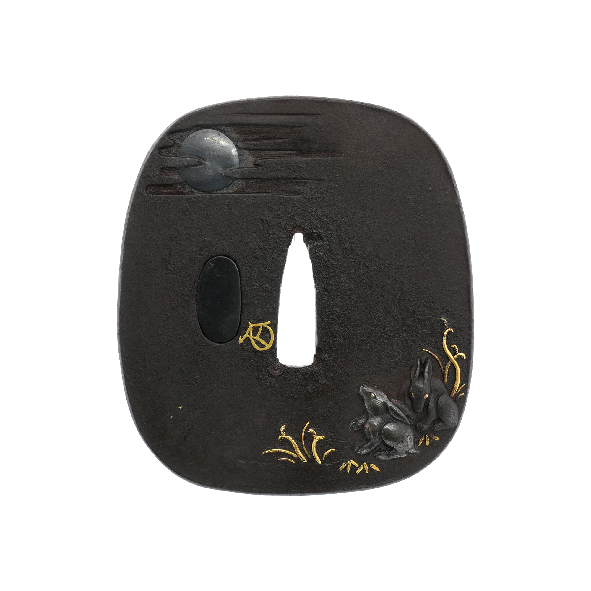 Tsuba with Moon and Two Rabbits Design, Mumei (Gold-inlaid Kao) — 3 of 12
