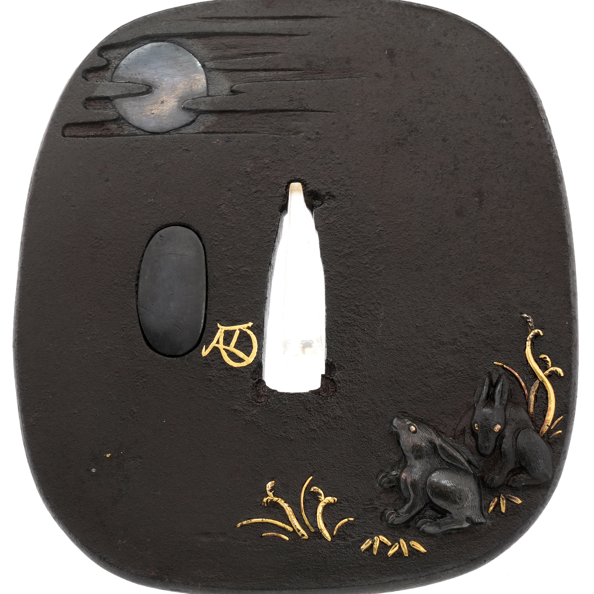 Tsuba with Moon and Two Rabbits Design, Mumei (Gold-inlaid Kao) — 5 of 12