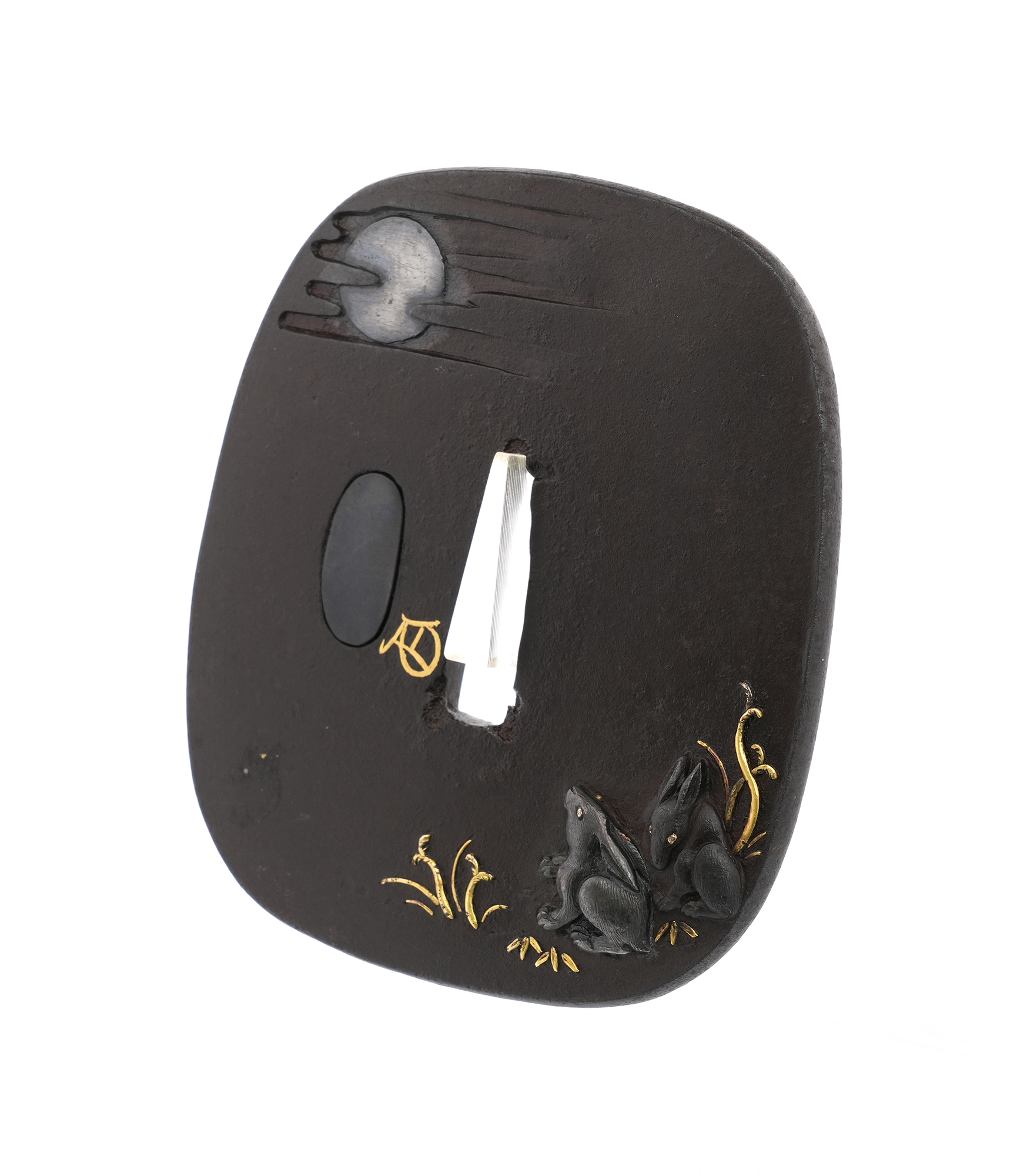Tsuba with Moon and Two Rabbits Design, Mumei (Gold-inlaid Kao) — 6 of 12
