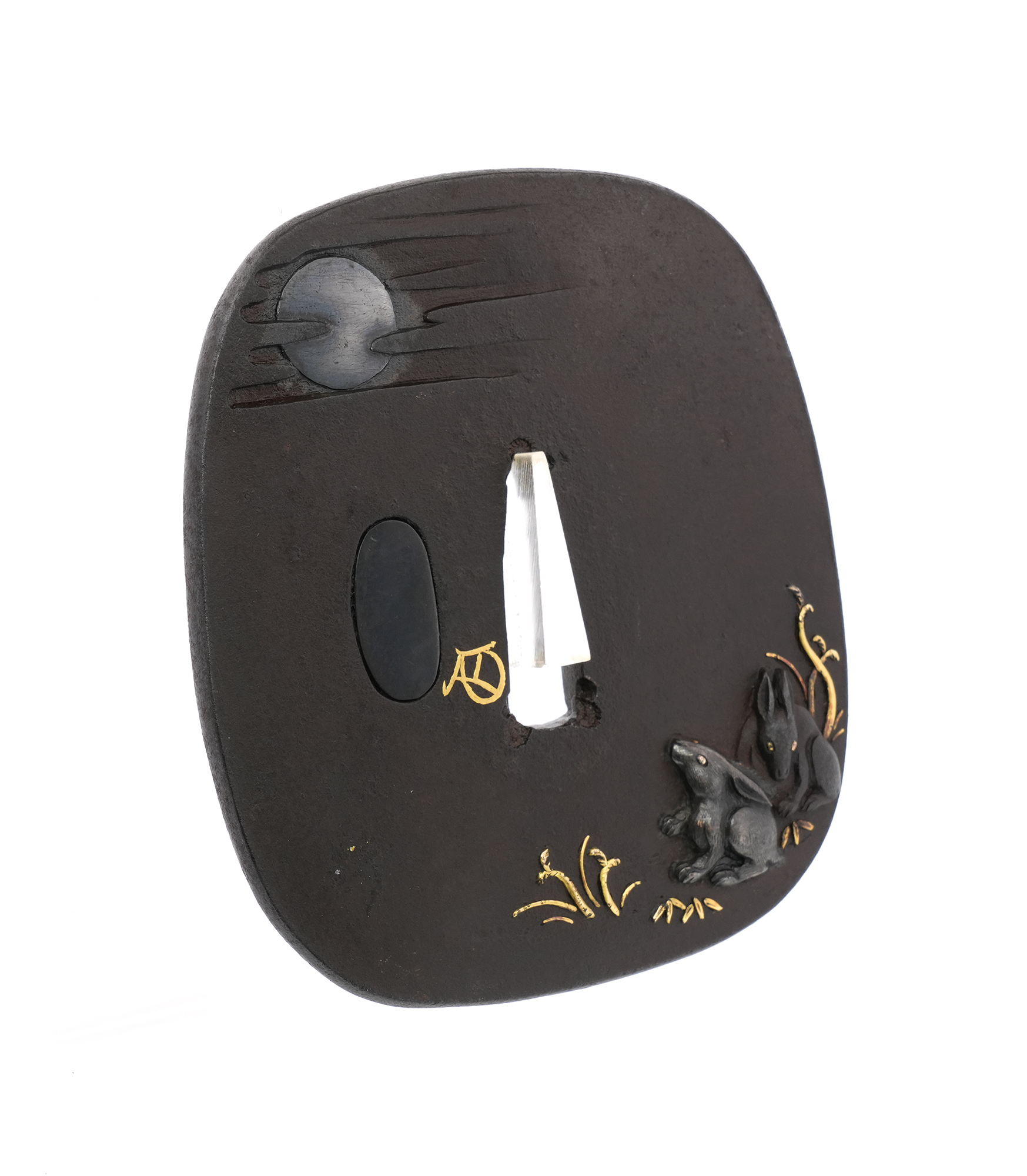 Tsuba with Moon and Two Rabbits Design, Mumei (Gold-inlaid Kao) — 7 of 12