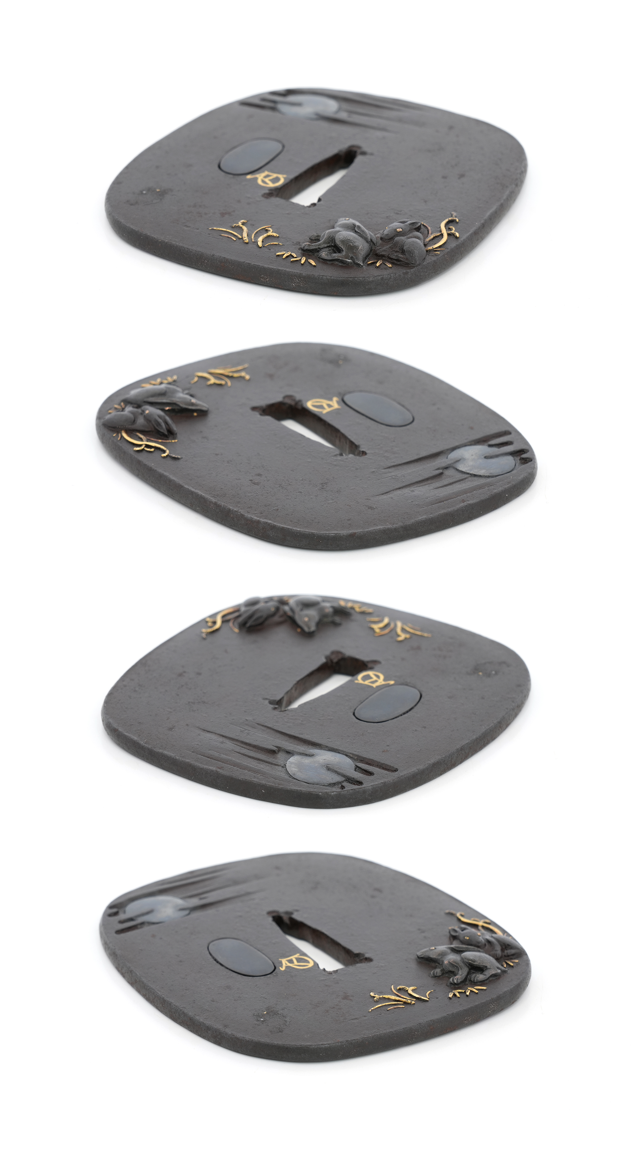 Tsuba with Moon and Two Rabbits Design, Mumei (Gold-inlaid Kao) — 10 of 12