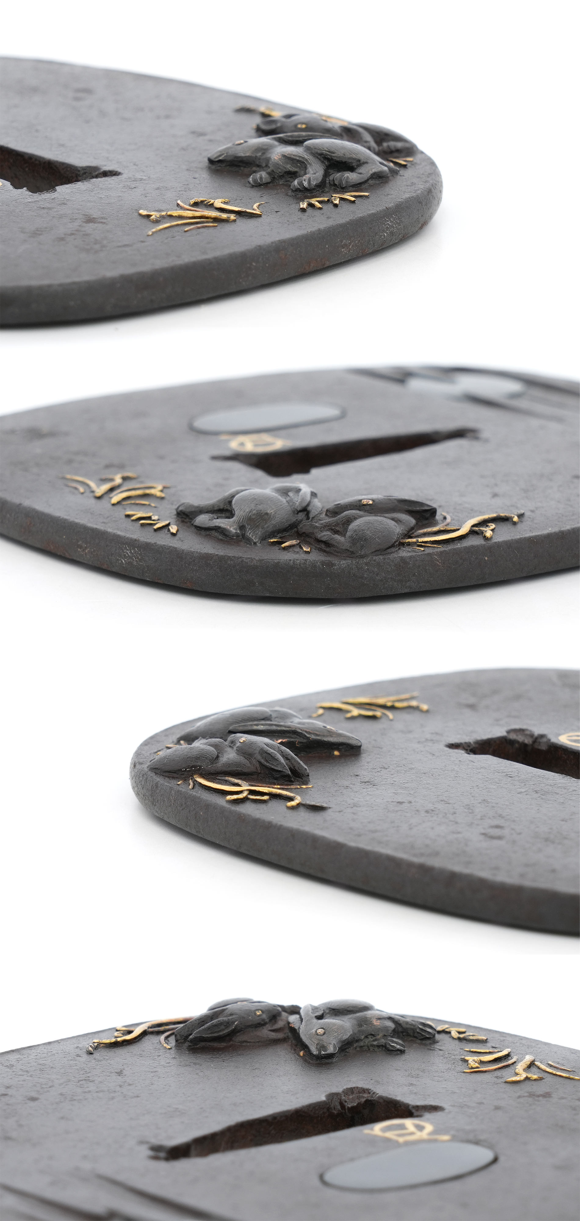 Tsuba with Moon and Two Rabbits Design, Mumei (Gold-inlaid Kao) — 12 of 12
