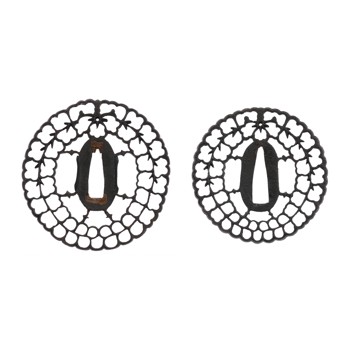 Daisho Tsuba with Paulownia and Wisteria Openwork Design - Mumei (Kyosukashi) — 1 of 16
