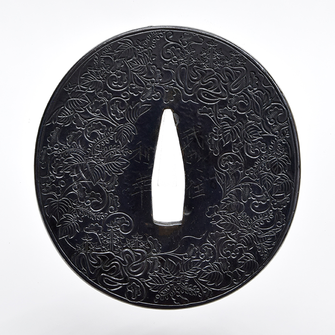 Tsuba: Bushu ju Toshiyuki - Arabesque and Dancing Paulownia, dated Bunsei 3rd year — 3 of 10