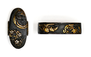 Fuchi-Kashira: Cherry Blossom, Paulownia, and Phoenix Design, Mumei — 1 of 16