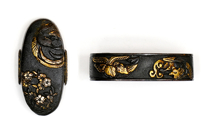 Fuchi-Kashira: Cherry Blossom, Paulownia, and Phoenix Design, Mumei — 2 of 16
