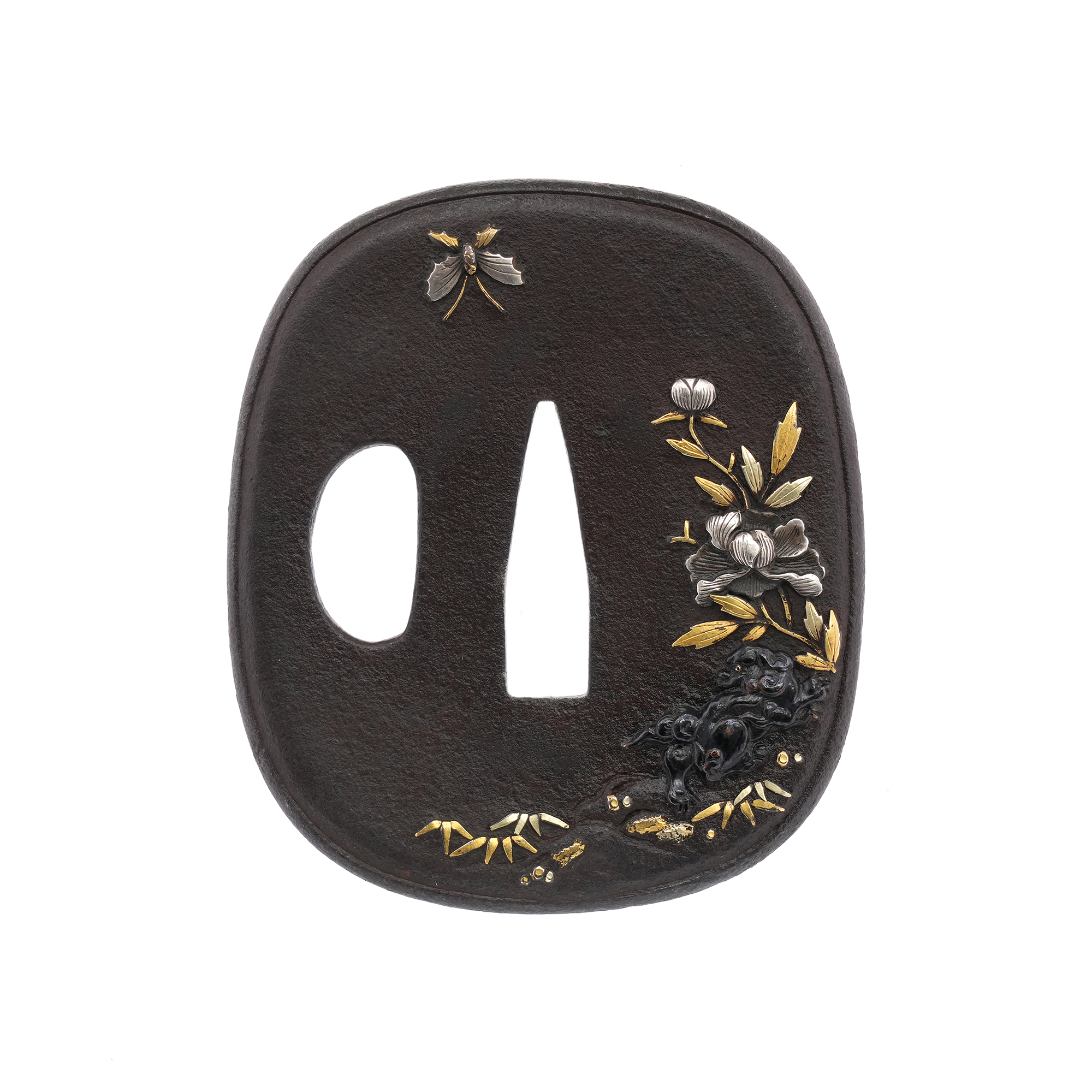 Tsuba with Butterfly, Peony, and Karashishi Design, Mumei (Aizu Shoami) — 1 of 8