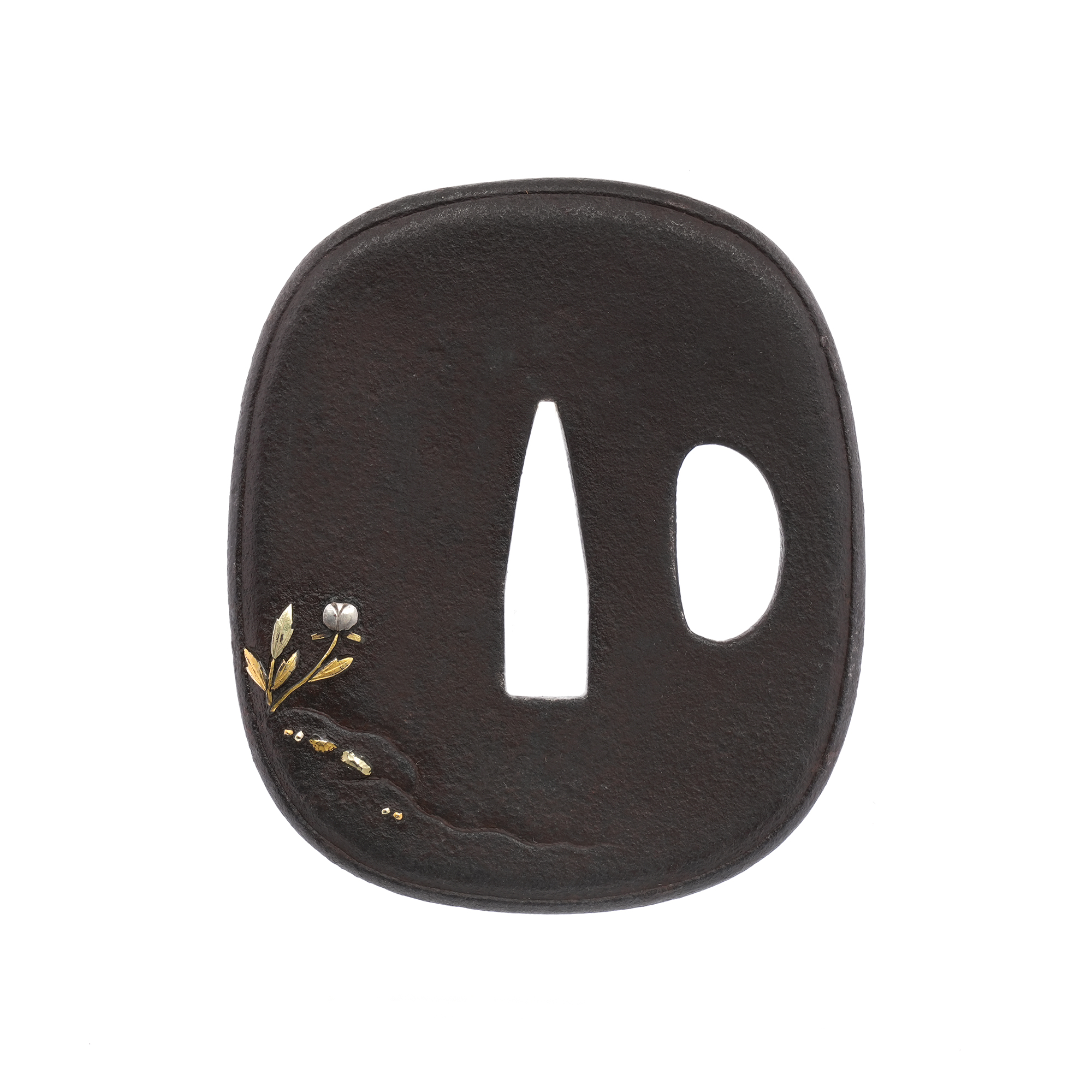 Tsuba with Butterfly, Peony, and Karashishi Design, Mumei (Aizu Shoami) — 2 of 8