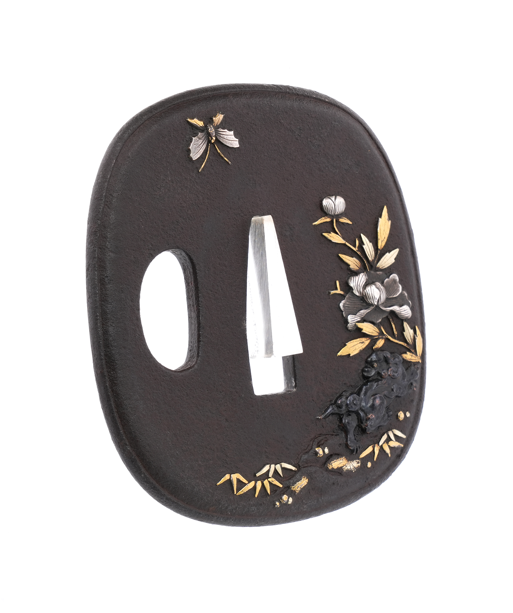 Tsuba with Butterfly, Peony, and Karashishi Design, Mumei (Aizu Shoami) — 3 of 8