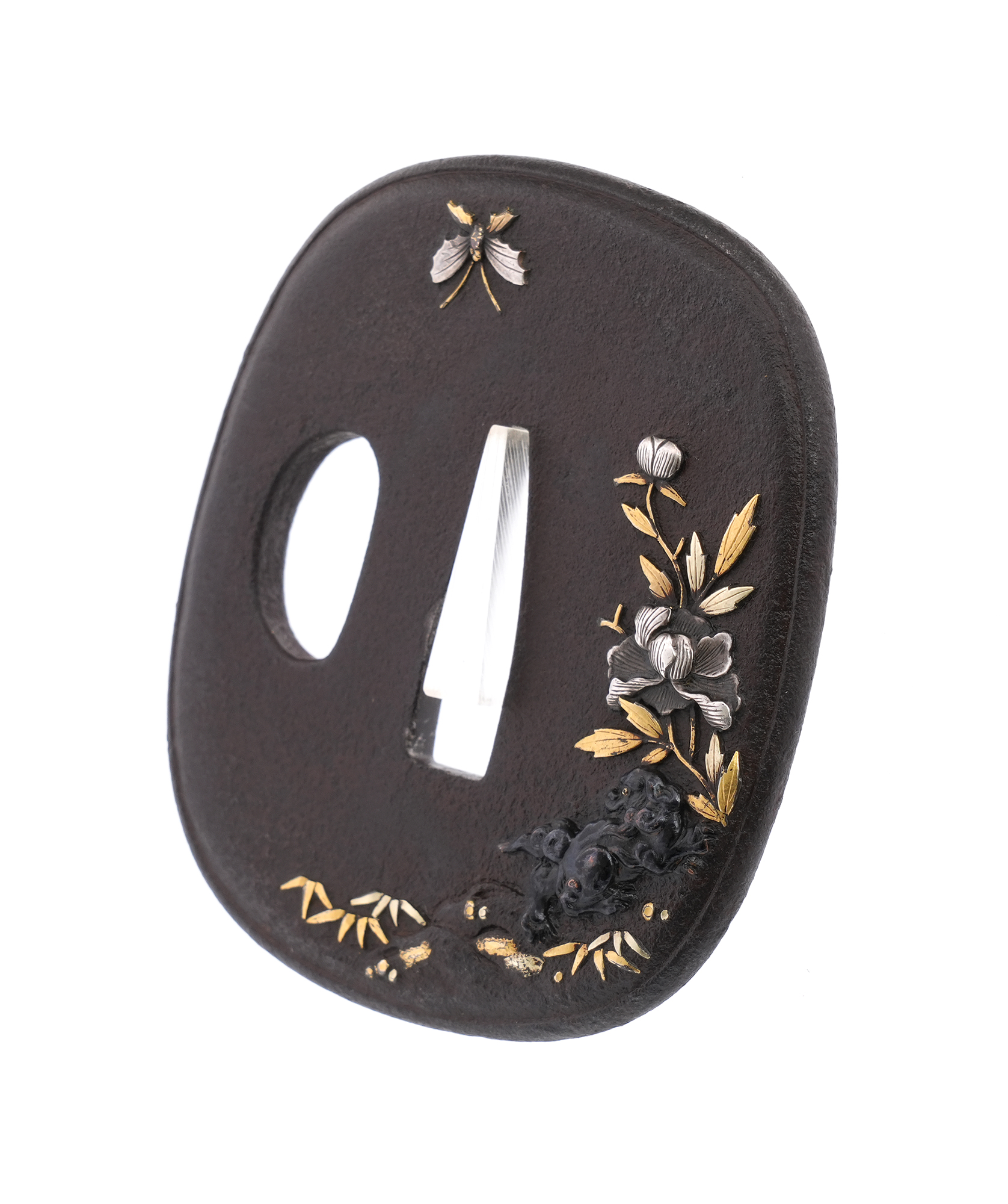 Tsuba with Butterfly, Peony, and Karashishi Design, Mumei (Aizu Shoami) — 4 of 8