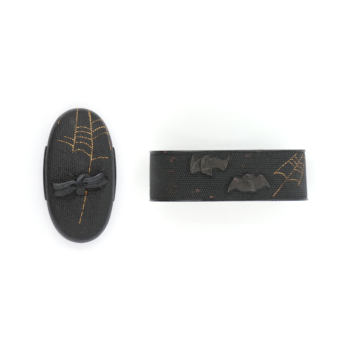 Fuchi-Kashira: Spiderweb, Kachimushi, and Bat Design, Mumei — 1 of 13